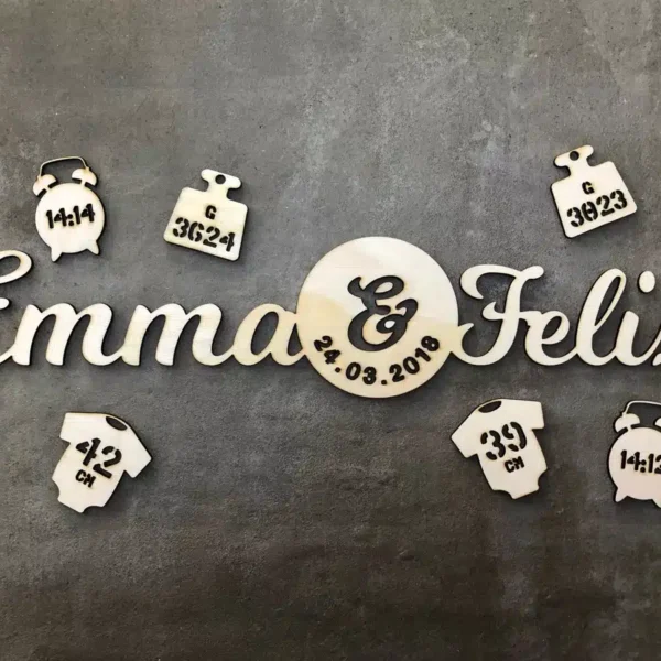 Geburt Andenken zur Geburt von Zwillingen aus naturbelassenem Holz mit Geburtsdaten