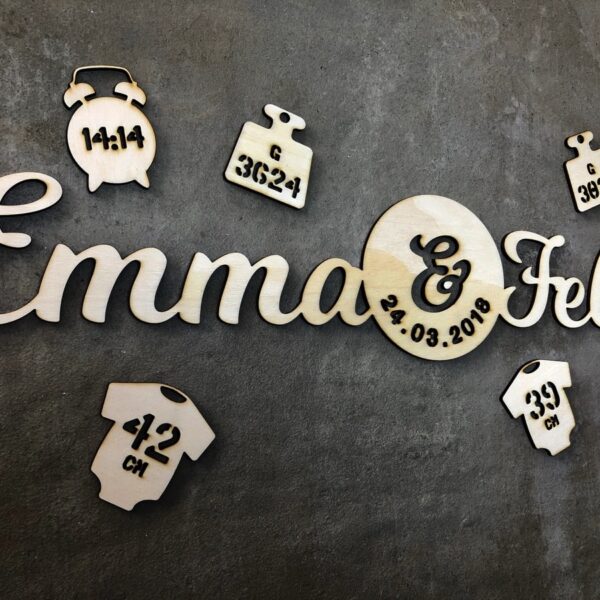 Geburt Andenken zur Geburt von Zwillingen aus naturbelassenem Holz mit Geburtsdaten