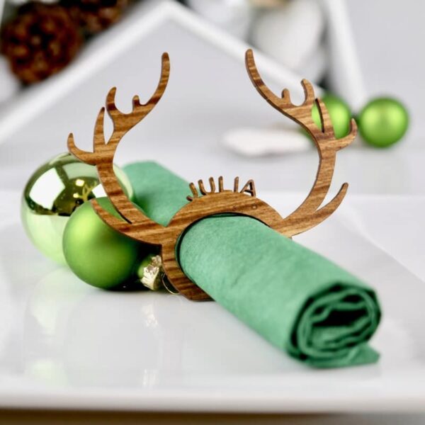 Weihnachten 5er-Set edle Tischkarten für Weihnachten “Rudolph” aus lasiertem Holz – Platzkarten Namensschilder Geweih