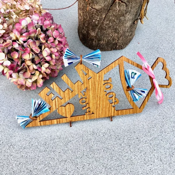 Einschulung Geldgeschenk zur Einschulung Schultüte aus Holz mit Herz-Motiv