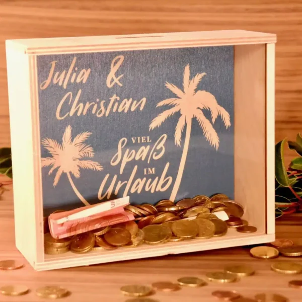 Einzug Lieblingskiste: Geldgeschenk als Spardose – Urlaub unter Palmen