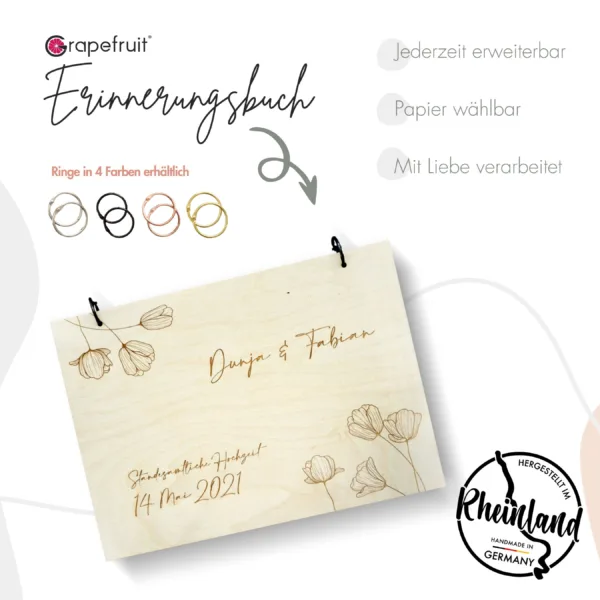 Gästebücher Edles Erinnerungsbuch aus Holz mit Blumen / Gästebuch zur Hochzeit