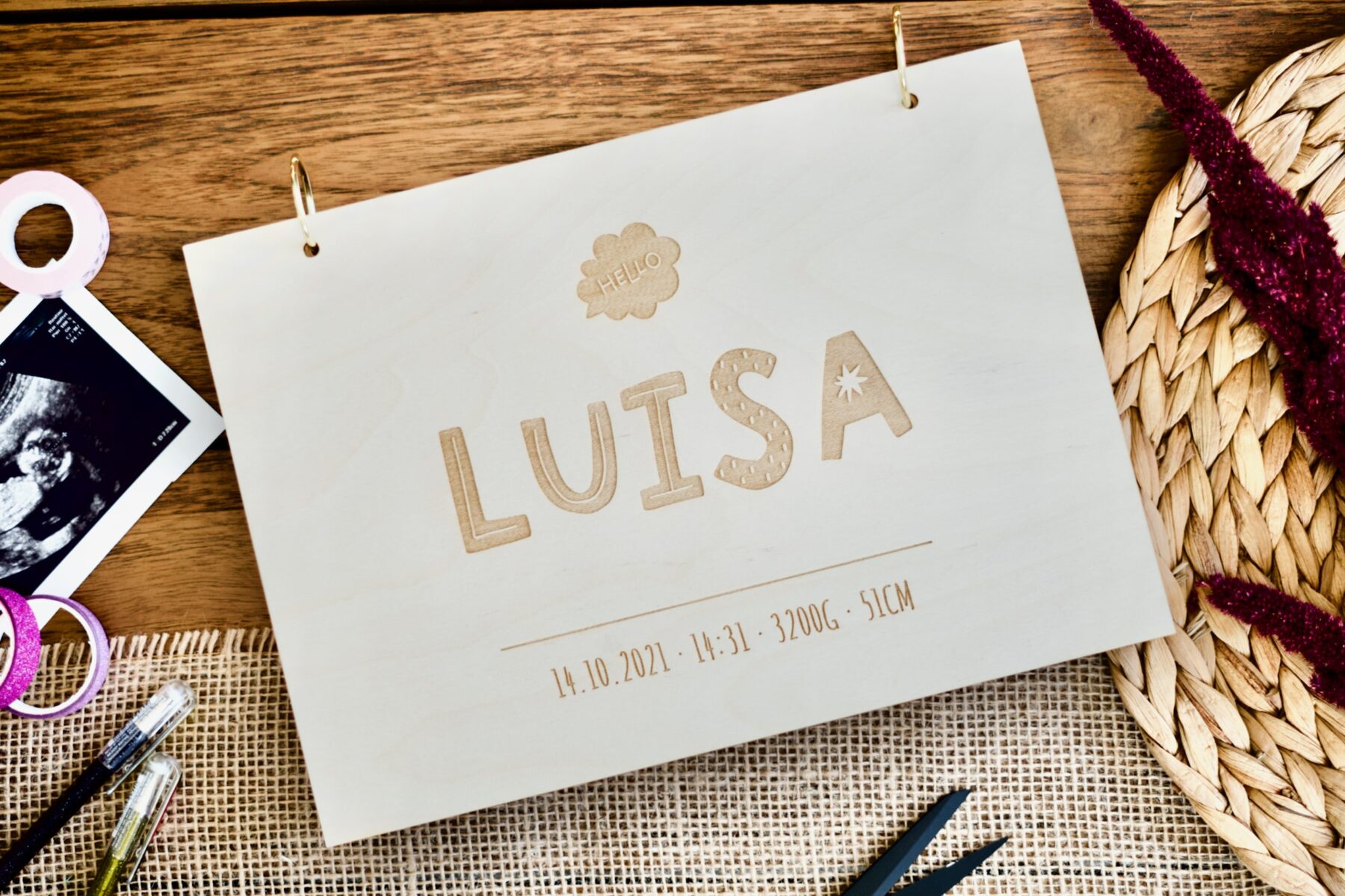 Geburt Erinnerungsbuch zur Geburt Hello / Fotobuch / Fotoalbum A4 aus Holz für Mädchen oder Jungen / Gästebuch für Babyparty / Geburtstag / Taufe