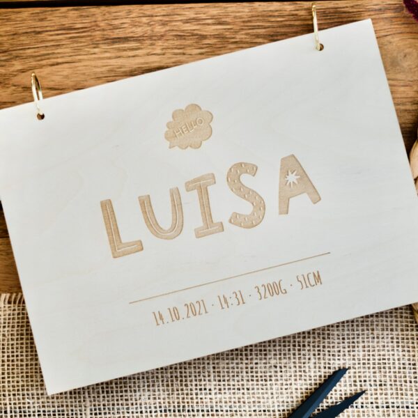 Geburt Erinnerungsbuch zur Geburt Hello / Fotobuch / Fotoalbum A4 aus Holz für Mädchen oder Jungen / Gästebuch für Babyparty / Geburtstag / Taufe