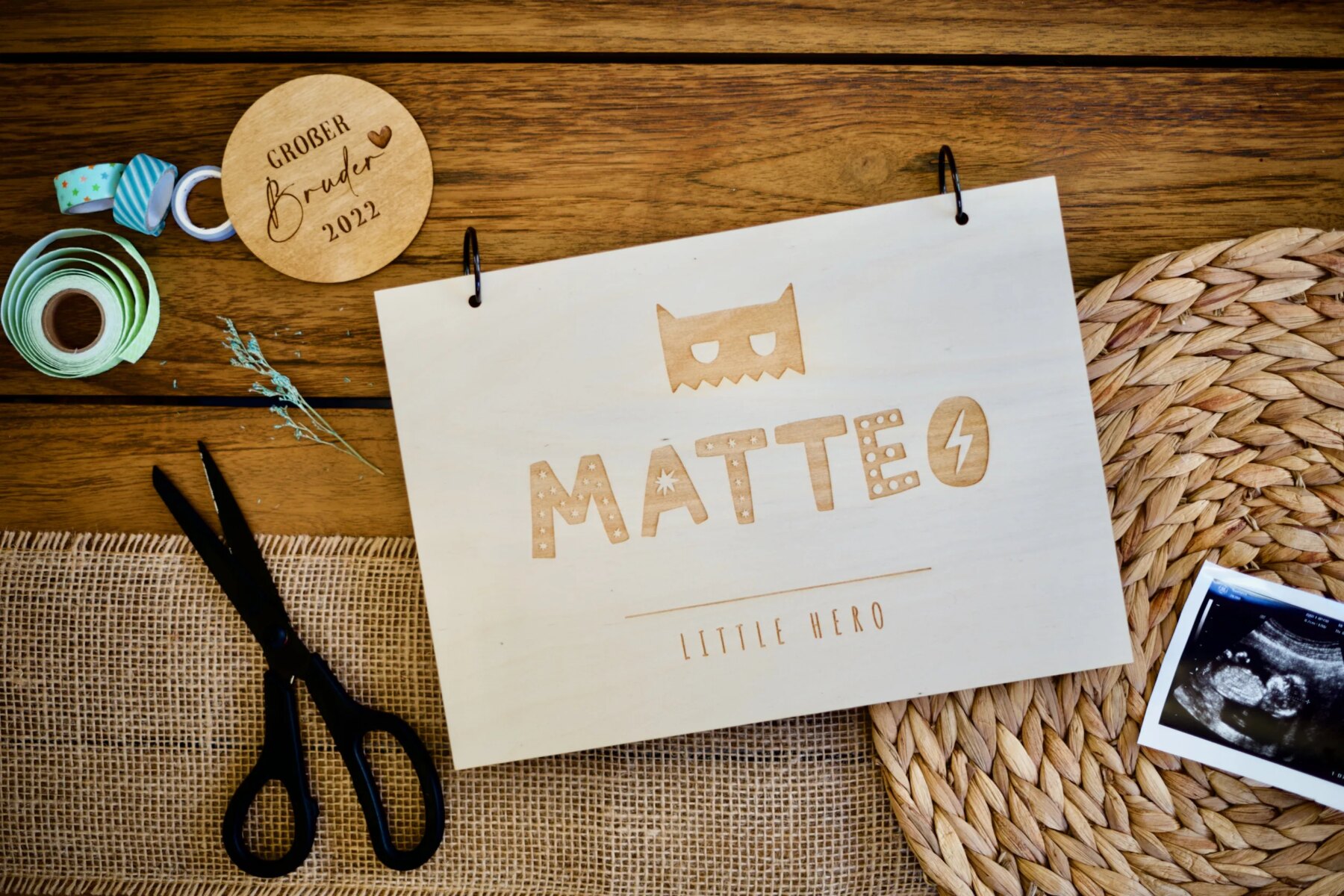 Geburt Erinnerungsbuch zur Geburt Hello / Fotobuch / Fotoalbum A4 aus Holz für Mädchen oder Jungen / Gästebuch für Babyparty / Geburtstag / Taufe