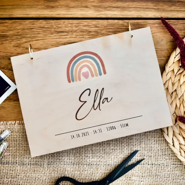 Erinnerungsbücher Fotobuch Baby mit Regenbogen Erinnerungsbuch Fotoalbum A4 aus Holz für Mädchen oder Junge Gästebuch für Babyparty Geburtstag Geburt