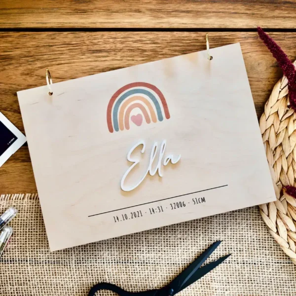 Erinnerungsbücher Fotobuch Baby mit Regenbogen Erinnerungsbuch Fotoalbum A4 aus Holz für Mädchen oder Junge Gästebuch für Babyparty Geburtstag Geburt