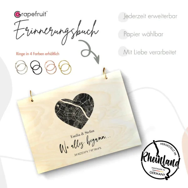 Erinnerungsbücher Personalisiertes Gästebuch aus Holz als Geschenk zur Hochzeit mit Landkarte und Koordinaten
