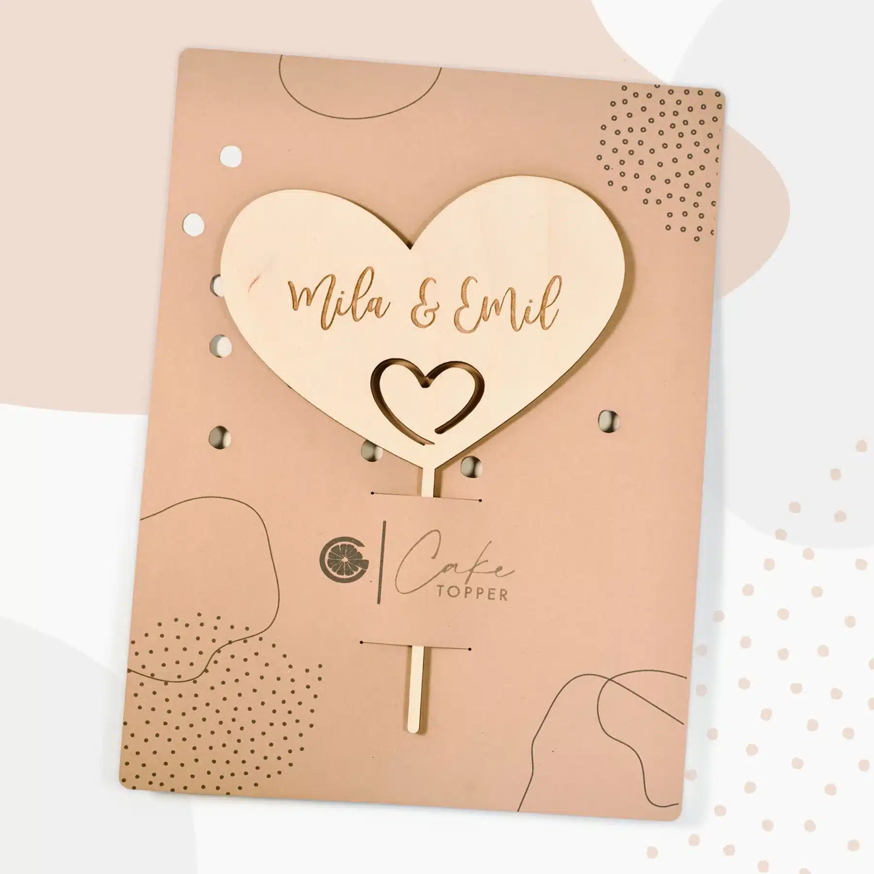 Hochzeit Grapefruit® personalisierter Cake Topper aus Holz mit individuellen Wunschnamen  Tortendekoration, Name, Geschenkidee, Vorname, Kuchendeko, Topper Kuchen, individuell (Hochzeit – Herz)