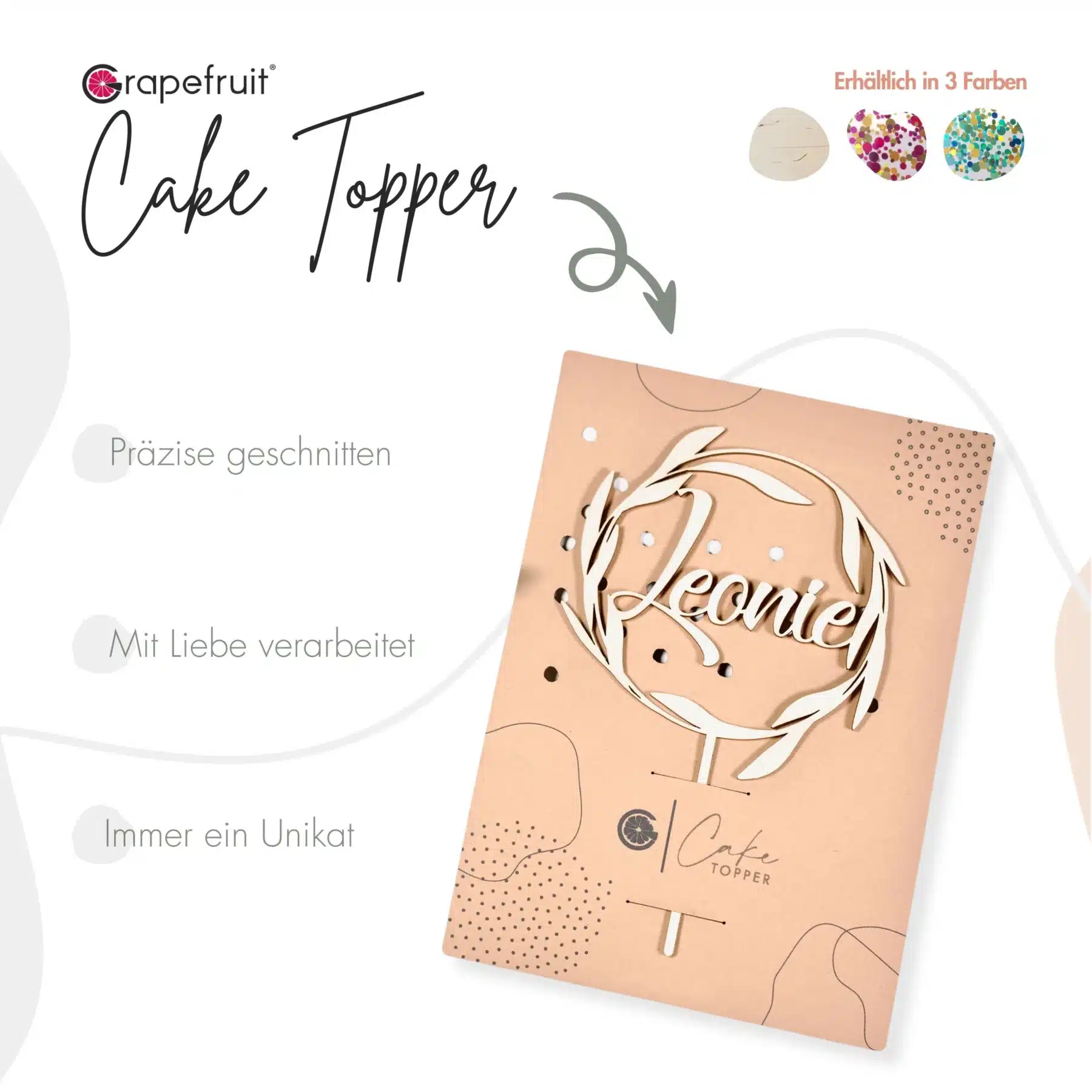 Für Kinder Grapefruit® Cake Topper zum Geburtstag mit Name aus Holz Personalisiert mit Zweigen