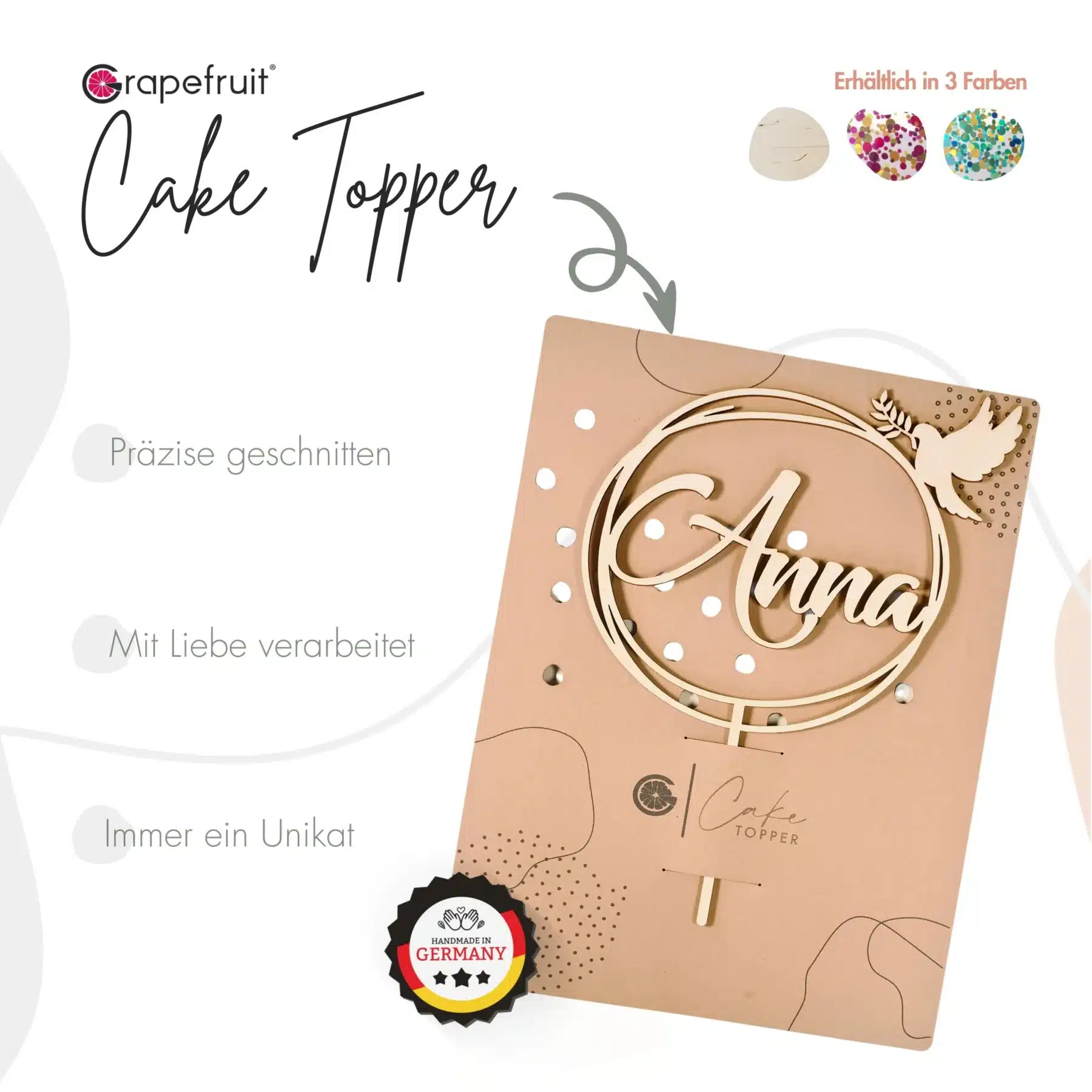 Glaube Grapefruit® personalisierter Cake Topper aus Holz mit individuellen Wunschnamen  Tortendekoration, Name, Vorname, Kuchendeko, Topper Kuchen, individuell (Taufe/Kommunion/Konfirmation – Taube)