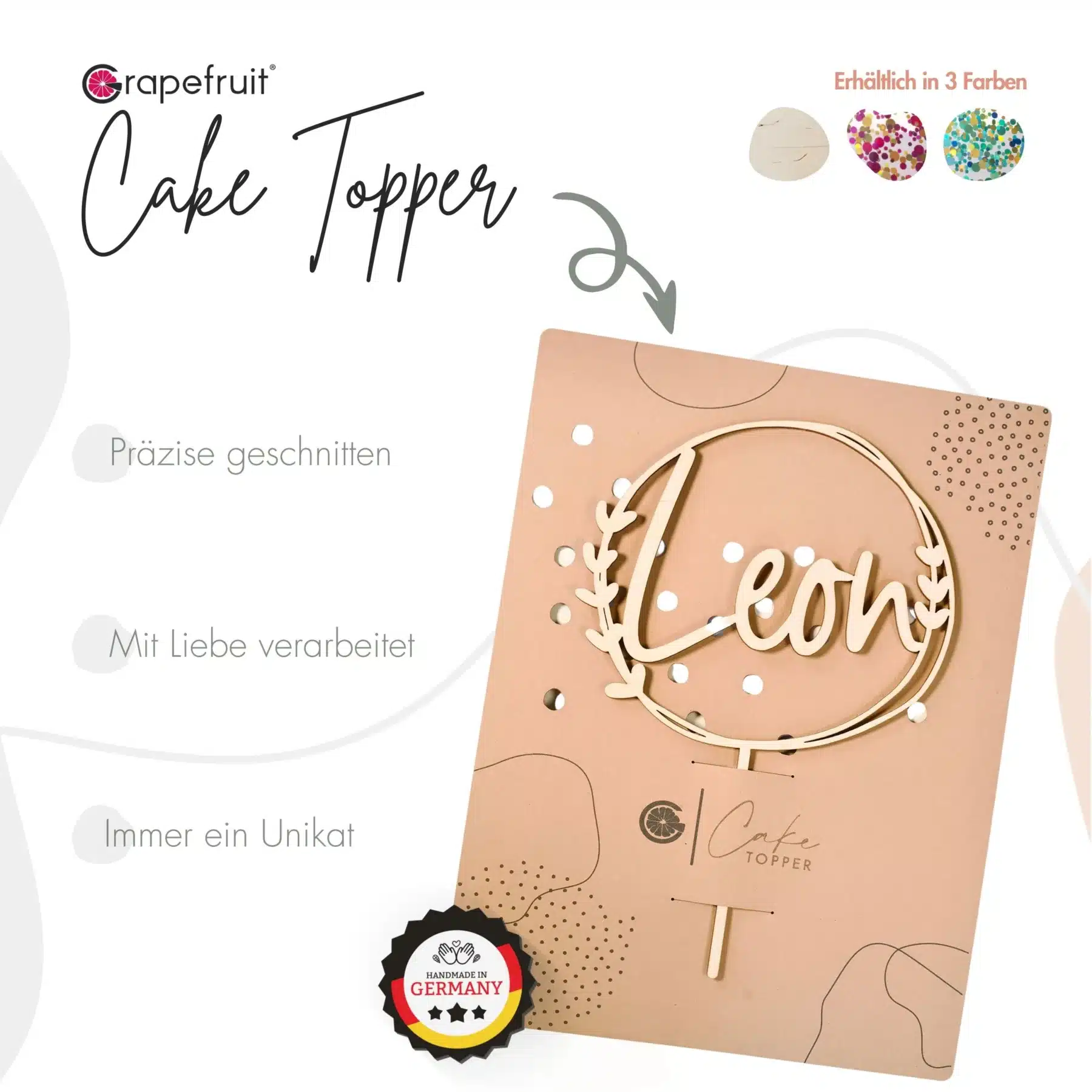 Grapefruit® personalisierter Cake Topper aus Holz mit individuellen Wunschnamen Name, Kuchendeko, Topper Kuchen, individuell (Geburtstag/Taufe/Kommunion/Konfirmation/Einschulung – Blättchen) Kommunion Grapefruit® personalisierter Cake Topper aus Holz mit individuellen Wunschnamen Name, Kuchendeko, Topper Kuchen, individuell (Geburtstag/Taufe/Kommunion/Konfirmation/Einschulung – Blättchen)