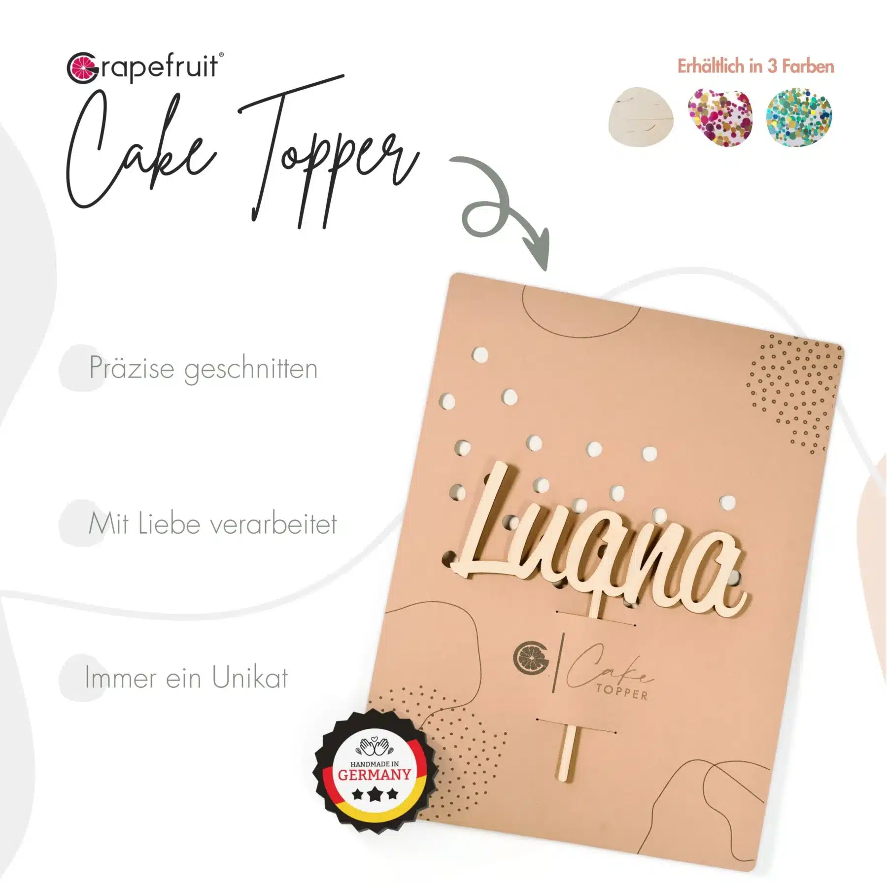 Für Kinder Grapefruit® Cake Topper zum Geburtstag mit Name aus Holz Personalisiert