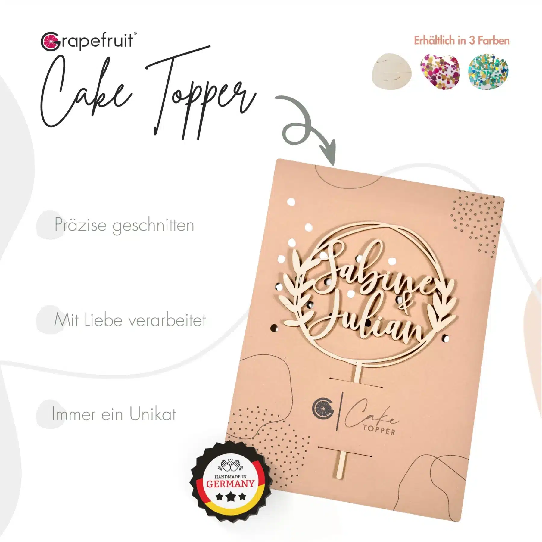 Hochzeit Grapefruit® personalisierter Cake Topper aus Holz mit individuellen Wunschnamen  Tortenaufsatz, Name, Geschenkidee, Vorname, Kuchendeko, Topper Kuchen, individuell (Hochzeit – Eukalyptus)