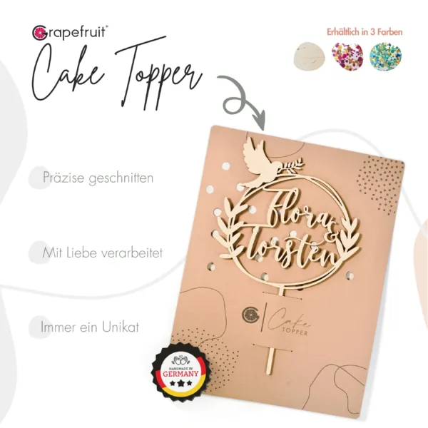 Cake Topper Grapefruit® personalisierter Cake Topper aus Holz mit individuellen Wunschnamen  Name, Geschenkidee, Vorname, Kuchendeko, Topper Kuchen, individuell (Hochzeit – Taube/Eukalyptus)
