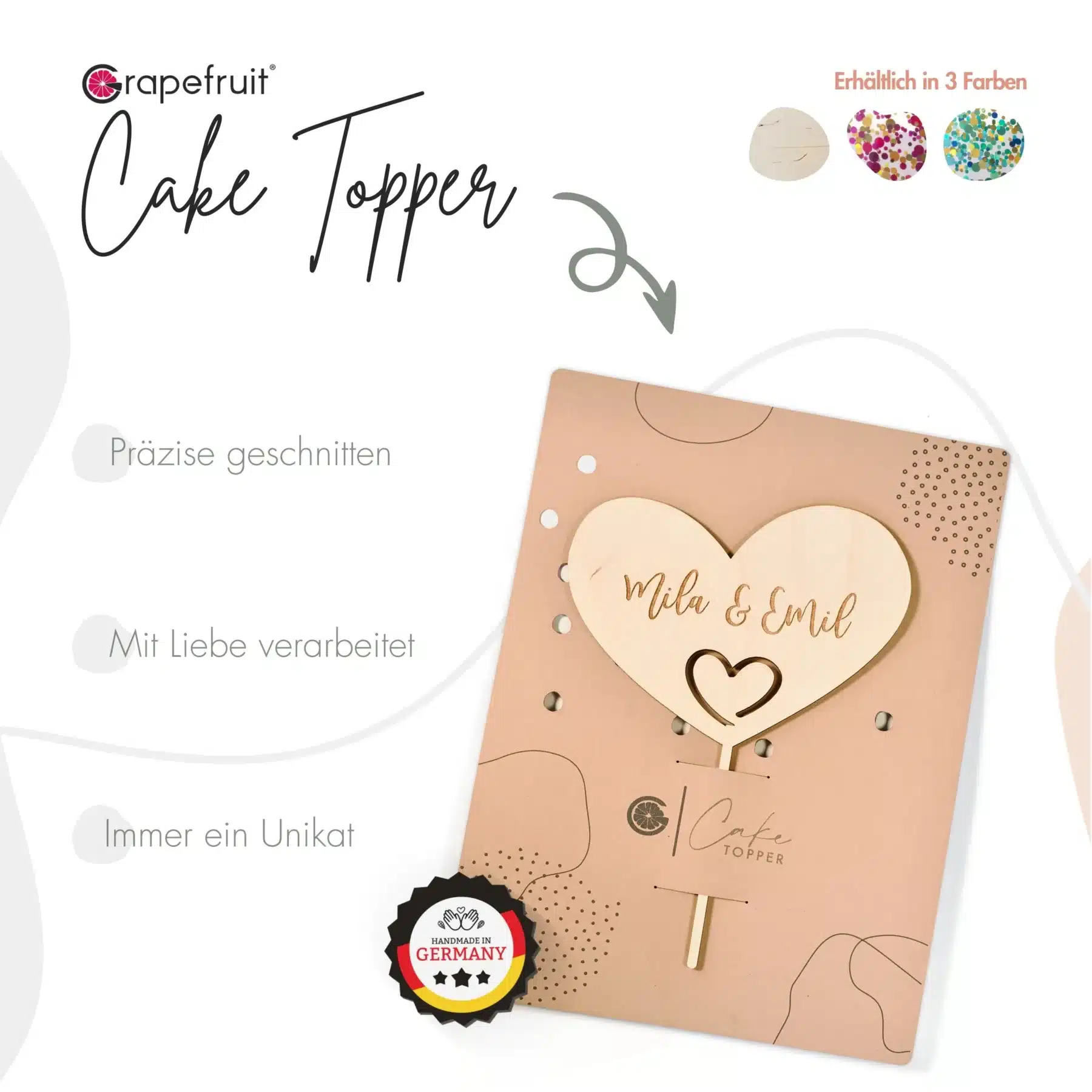 Hochzeit Grapefruit® personalisierter Cake Topper aus Holz mit individuellen Wunschnamen  Tortendekoration, Name, Geschenkidee, Vorname, Kuchendeko, Topper Kuchen, individuell (Hochzeit – Herz)