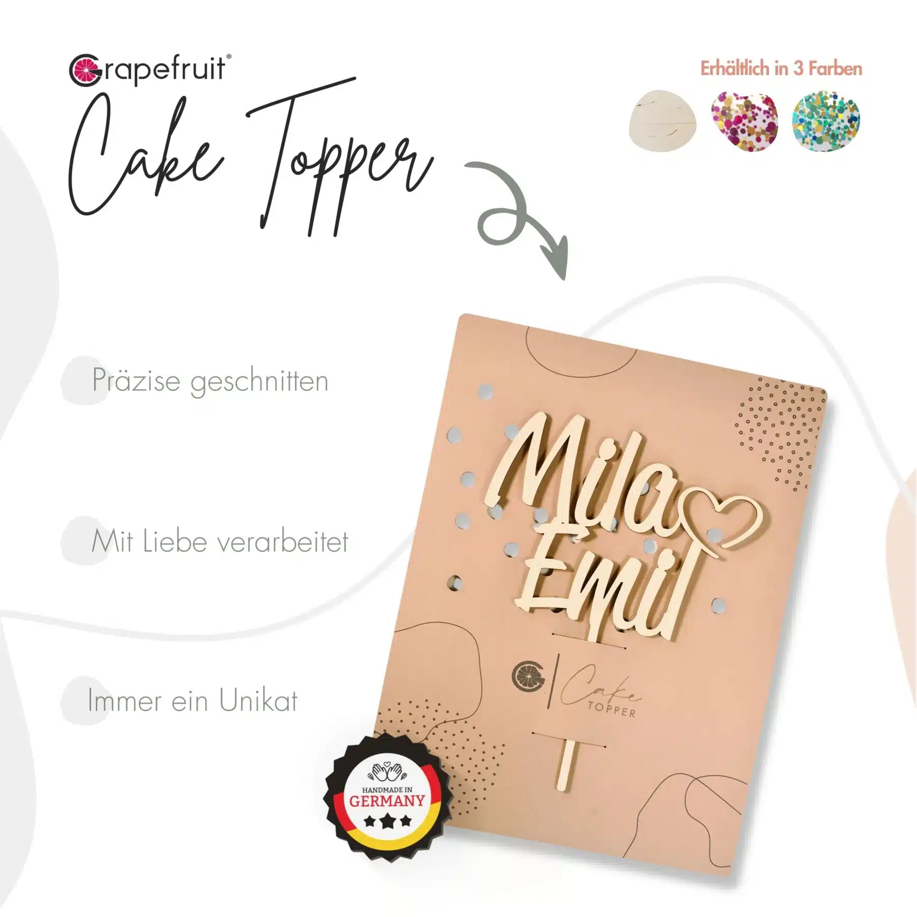 Hochzeit Grapefruit® personalisierter Cake Topper aus Holz mit individuellen Wunschnamen  Tortenaufsatz, Name, Geschenkidee, Vorname, Kuchendeko, Topper Kuchen, individuell (Hochzeit – Herz/Handwritten)
