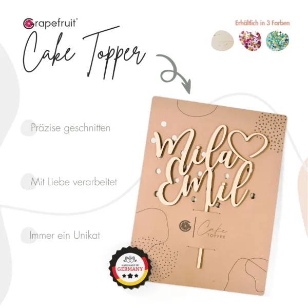 Cake Topper Grapefruit® personalisierter Cake Topper aus Holz mit individuellen Wunschnamen  Name, Geschenkidee, Vorname, Kuchendeko, Topper Kuchen, individuell (Hochzeit – Herz/Script)