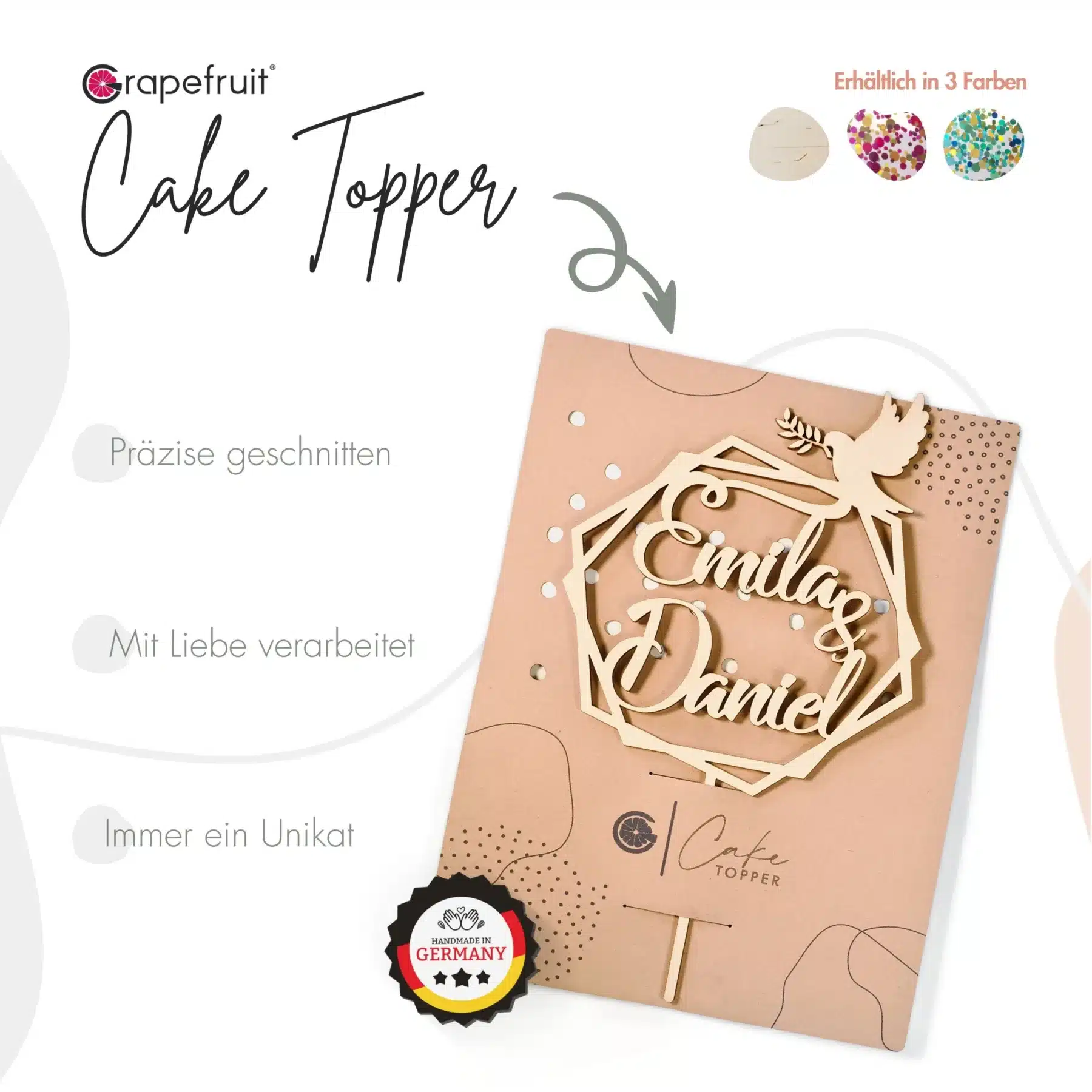 Hochzeit Grapefruit® personalisierter Cake Topper aus Holz mit individuellen Wunschnamen  Tortenaufsatz, Name, Geschenkidee, Vorname, Kuchendeko, Topper Kuchen, individuell (Hochzeit – Taube/Hexagon)