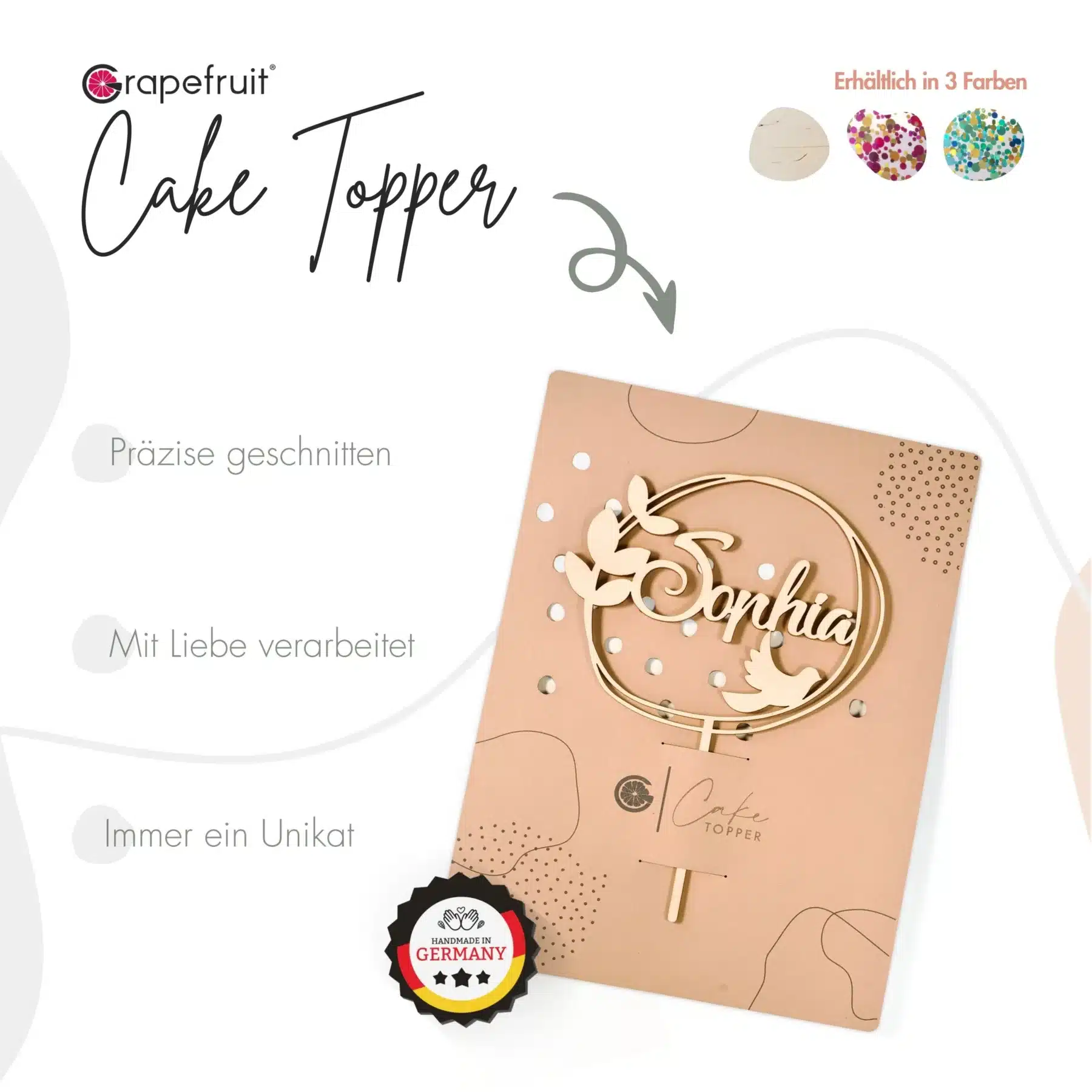 Geburt Grapefruit® Cake Topper zur Taufe Kommunion Konfirmation mit Name aus Holz Personalisiert mit Taube