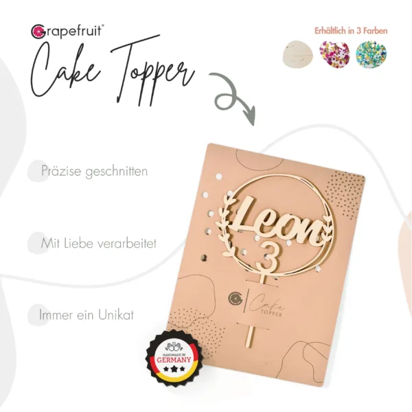 Cake Topper Grapefruit® personalisierter Cake Topper aus Holz mit individuellen Wunschnamen  Tortendekoration, Name, Geschenkidee, Vorname, Kuchendeko, Topper Kuchen, individuell (Geburtstag – Blättchen/Sans)