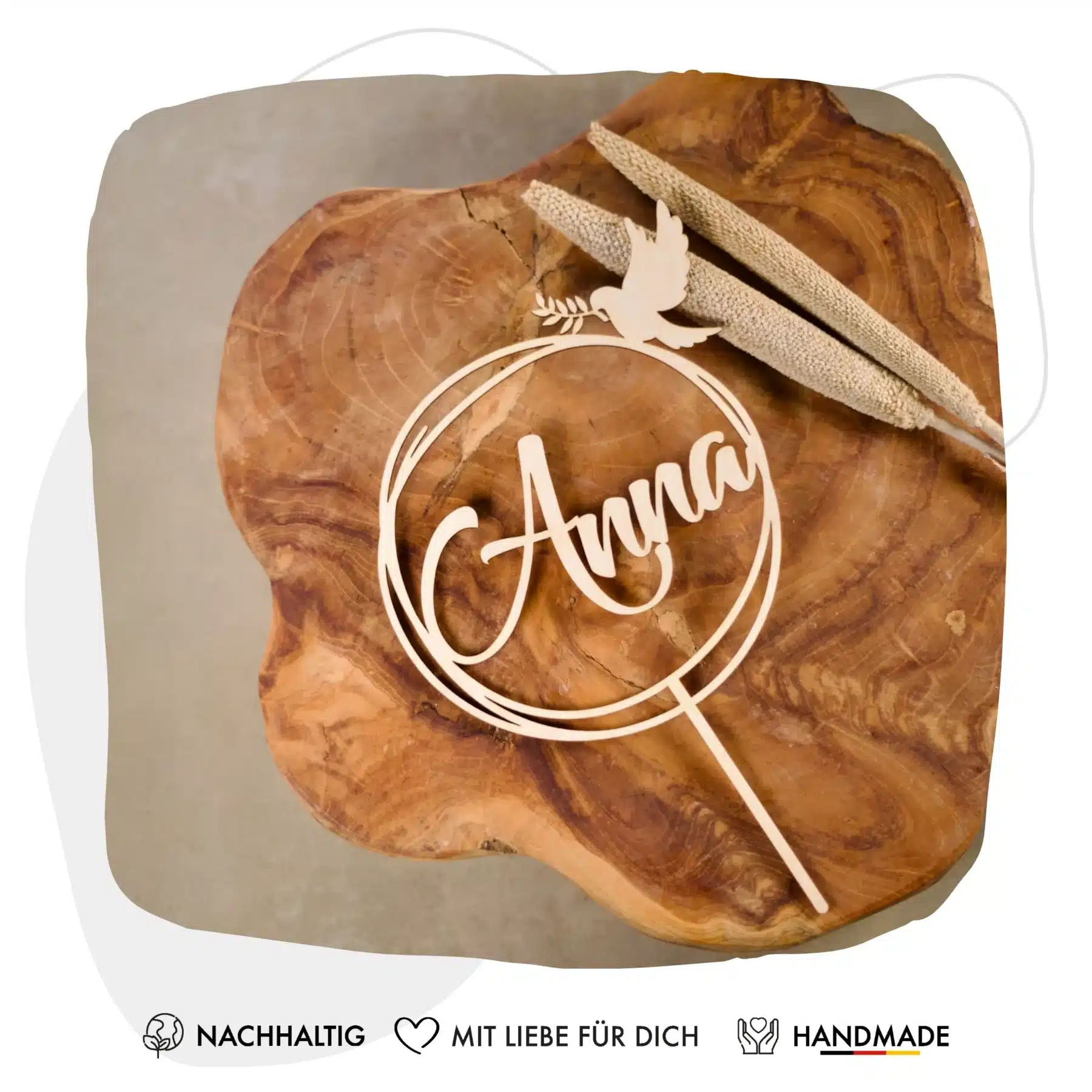 Glaube Grapefruit® personalisierter Cake Topper aus Holz mit individuellen Wunschnamen  Tortendekoration, Name, Vorname, Kuchendeko, Topper Kuchen, individuell (Taufe/Kommunion/Konfirmation – Taube)