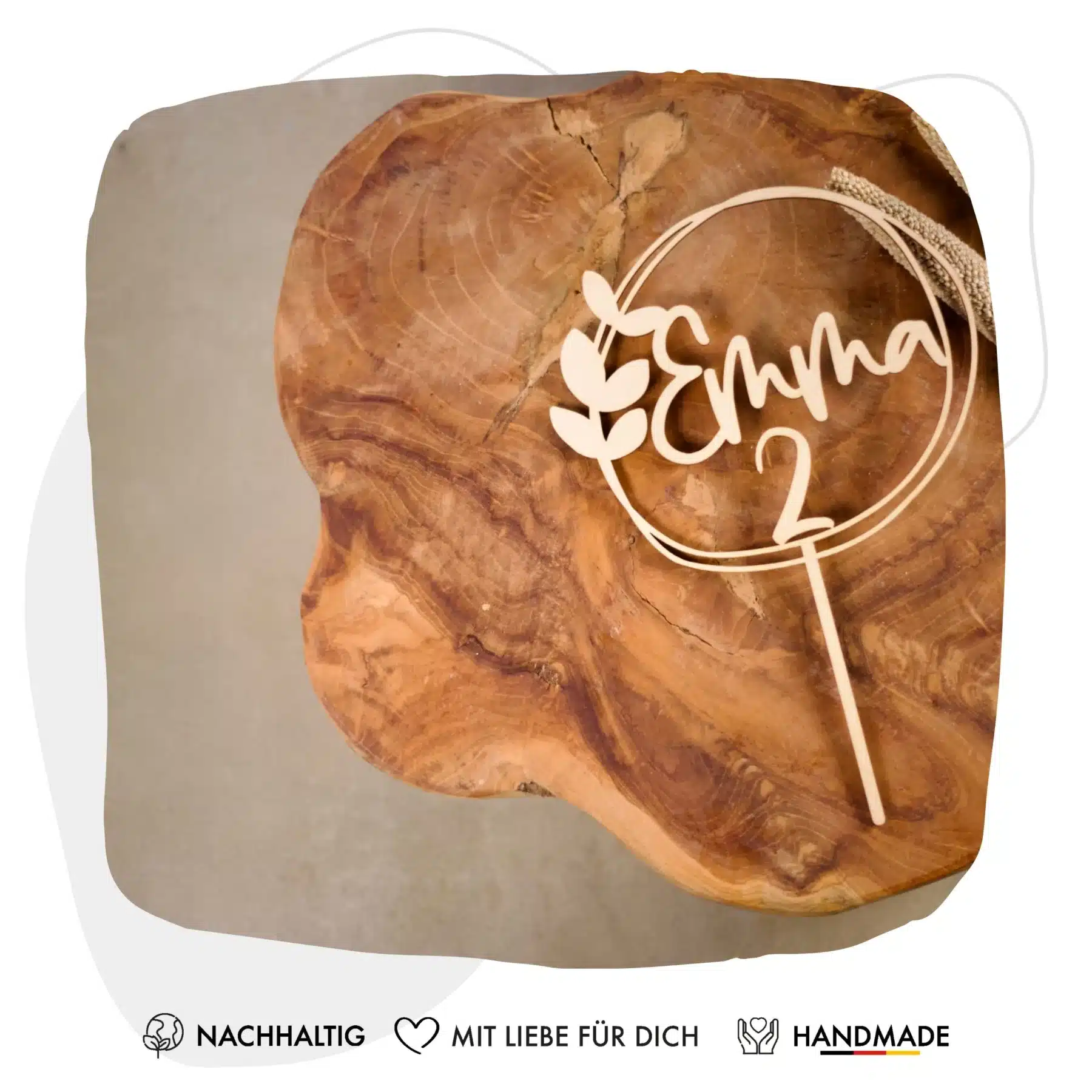 Cake Topper Grapefruit® personalisierter Cake Topper aus Holz mit individuellen Wunschnamen  Name, Geschenkidee, Vorname, Kuchendeko, Topper Kuchen, individuell (Geburtstag – Blätter/Script)