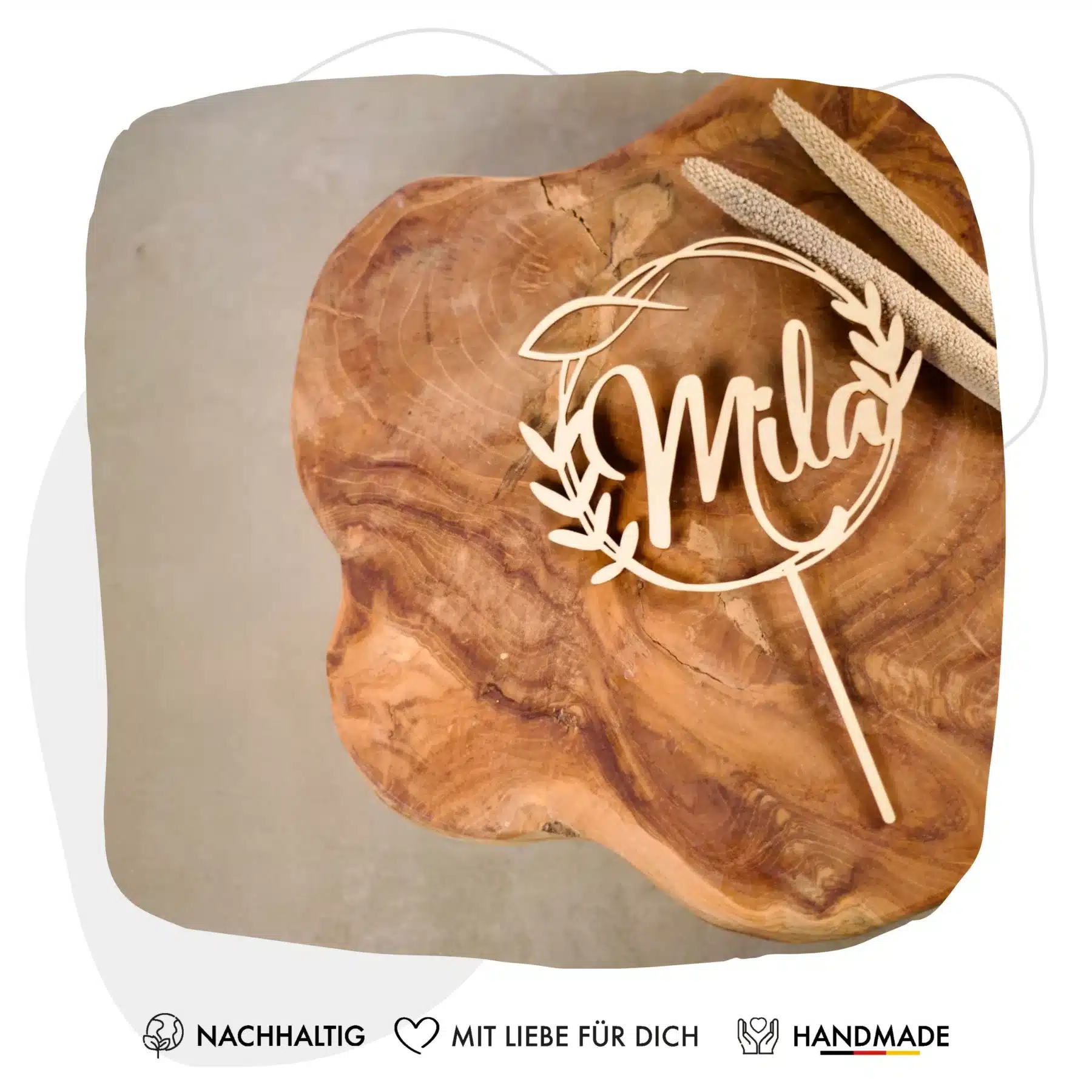 Cake Topper Grapefruit® personalisierter Cake Topper aus Holz mit individuellen Wunschnamen  Name, Geschenkidee, Vorname, Kuchendeko, Topper Kuchen, individuell (Taufe/Kommunion/Konfirmation – Eukalyptus/Fisch)