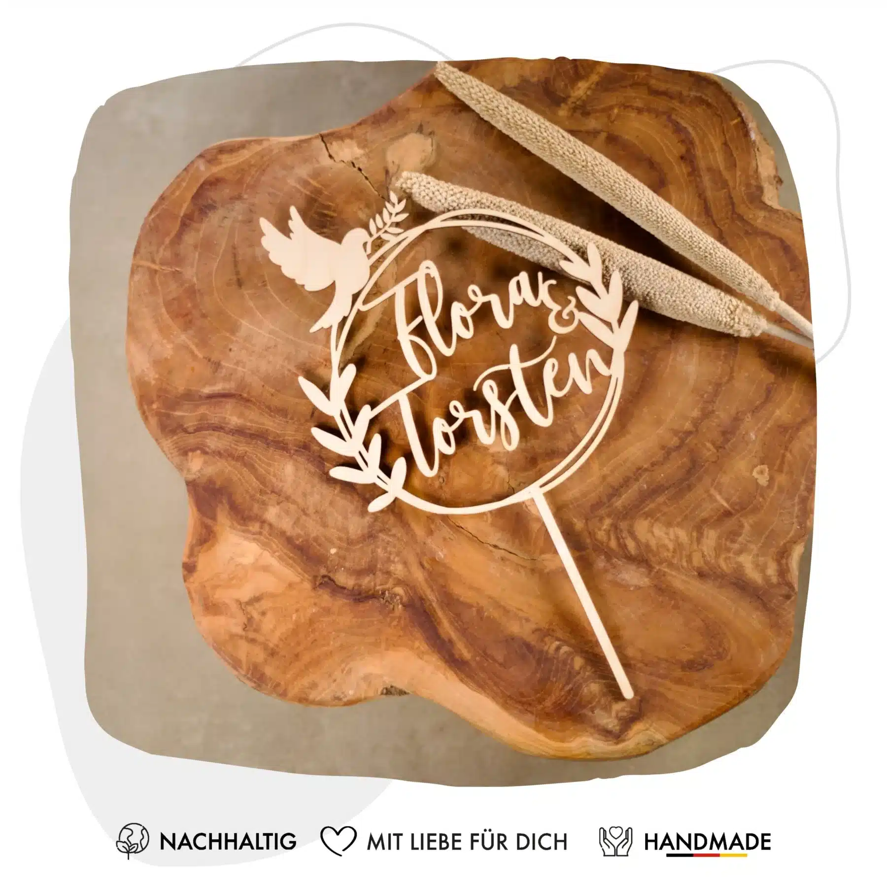 Hochzeit Grapefruit® personalisierter Cake Topper aus Holz mit individuellen Wunschnamen  Name, Geschenkidee, Vorname, Kuchendeko, Topper Kuchen, individuell (Hochzeit – Taube/Eukalyptus)