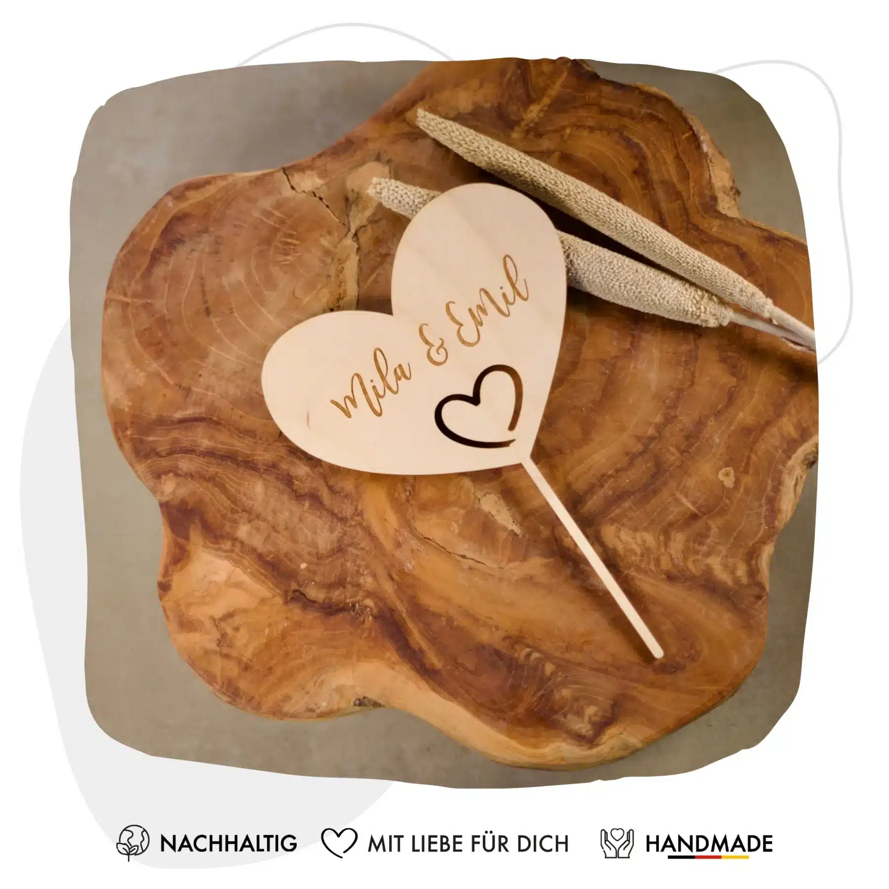 Hochzeit Grapefruit® personalisierter Cake Topper aus Holz mit individuellen Wunschnamen  Tortendekoration, Name, Geschenkidee, Vorname, Kuchendeko, Topper Kuchen, individuell (Hochzeit – Herz)
