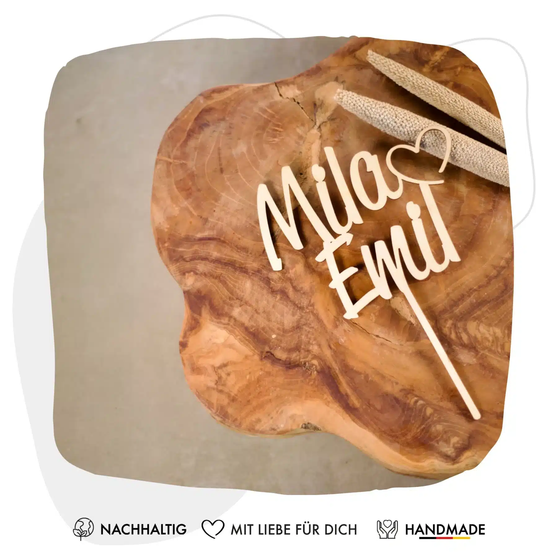 Hochzeit Grapefruit® personalisierter Cake Topper aus Holz mit individuellen Wunschnamen  Tortenaufsatz, Name, Geschenkidee, Vorname, Kuchendeko, Topper Kuchen, individuell (Hochzeit – Herz/Handwritten)