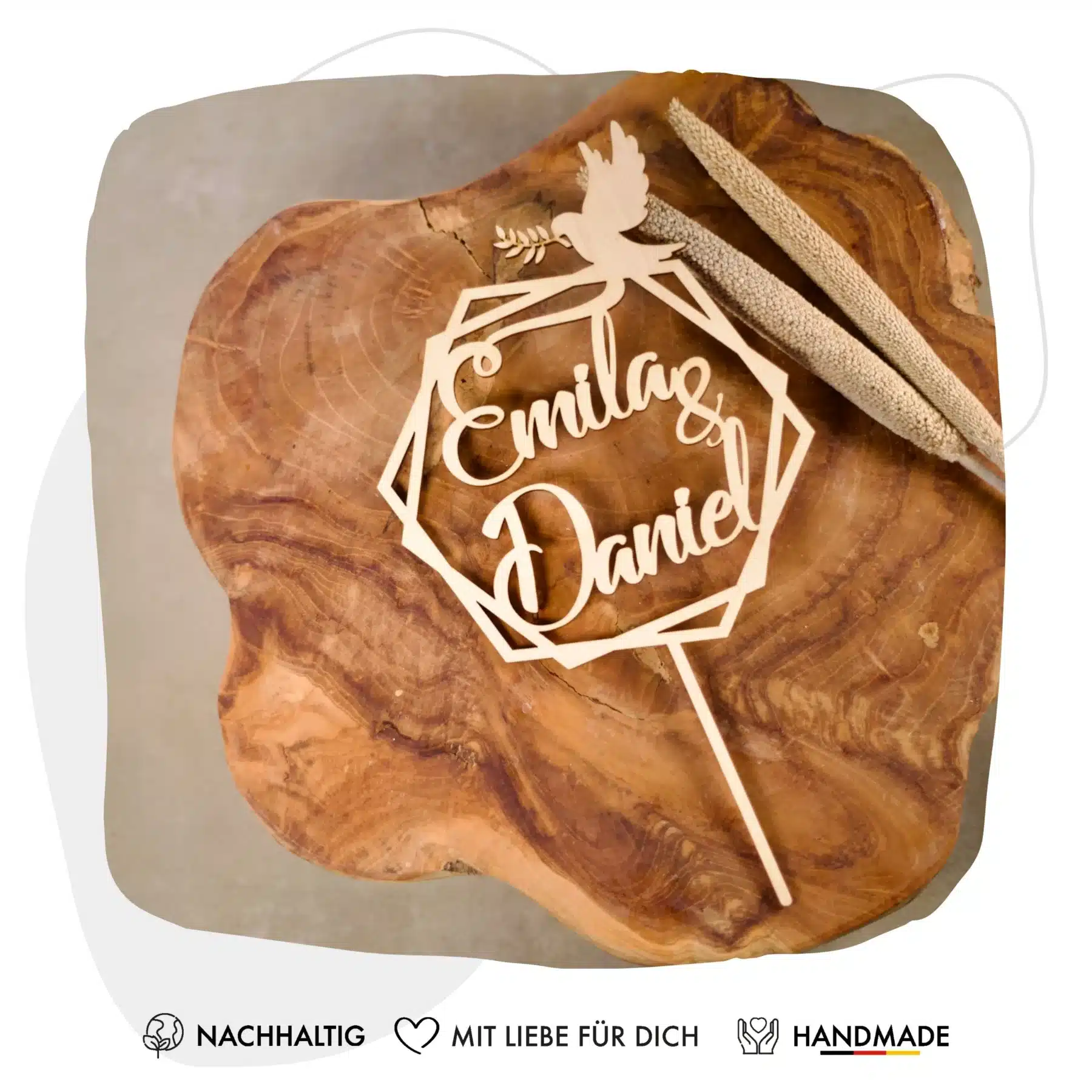 Hochzeit Grapefruit® personalisierter Cake Topper aus Holz mit individuellen Wunschnamen  Tortenaufsatz, Name, Geschenkidee, Vorname, Kuchendeko, Topper Kuchen, individuell (Hochzeit – Taube/Hexagon)
