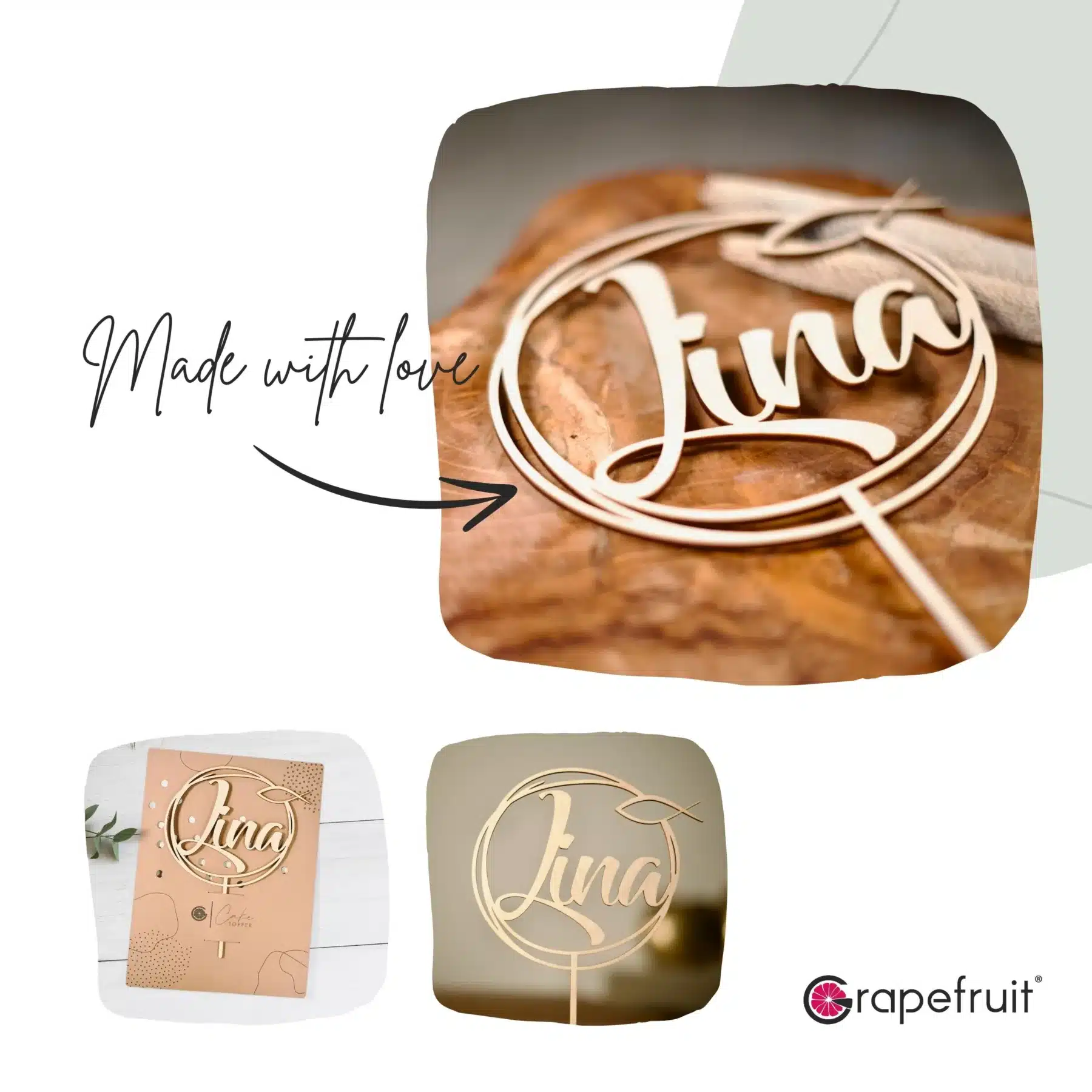 Glaube Grapefruit® personalisierter Cake Topper aus Holz mit individuellen Wunschnamen  Name, Geschenkidee, Vorname, Kuchendeko, Topper Kuchen, individuell (Taufe/Kommunion/Konfirmation – Fisch)