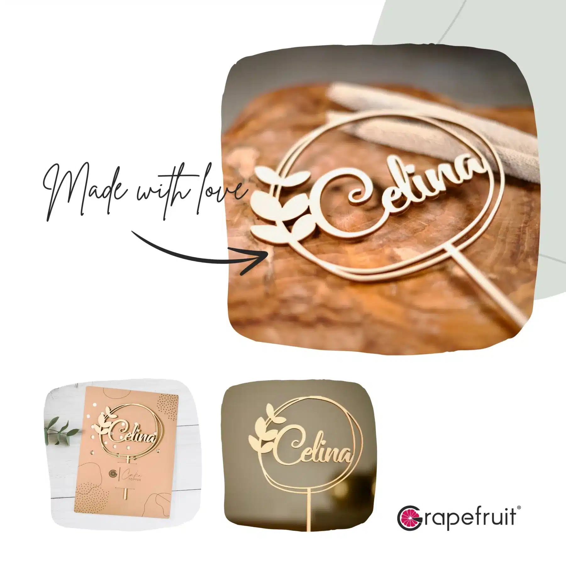 Für Kinder Grapefruit® Cake Topper zum Geburtstag mit Name aus Holz Personalisiert mit Blätter