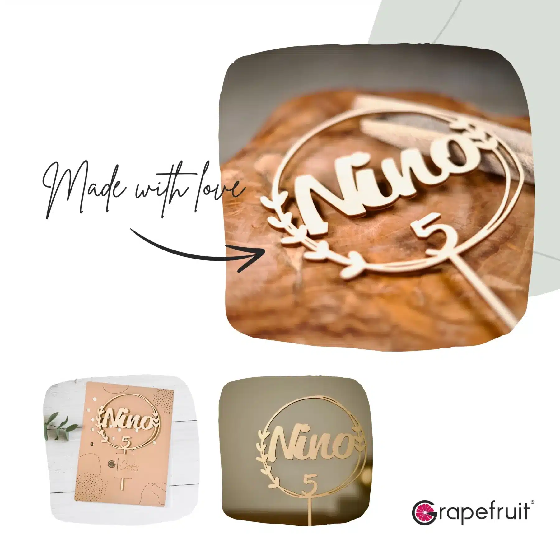 Für Kinder Grapefruit® Cake Topper zum Geburtstag mit Name und Alter aus Holz Personalisiert