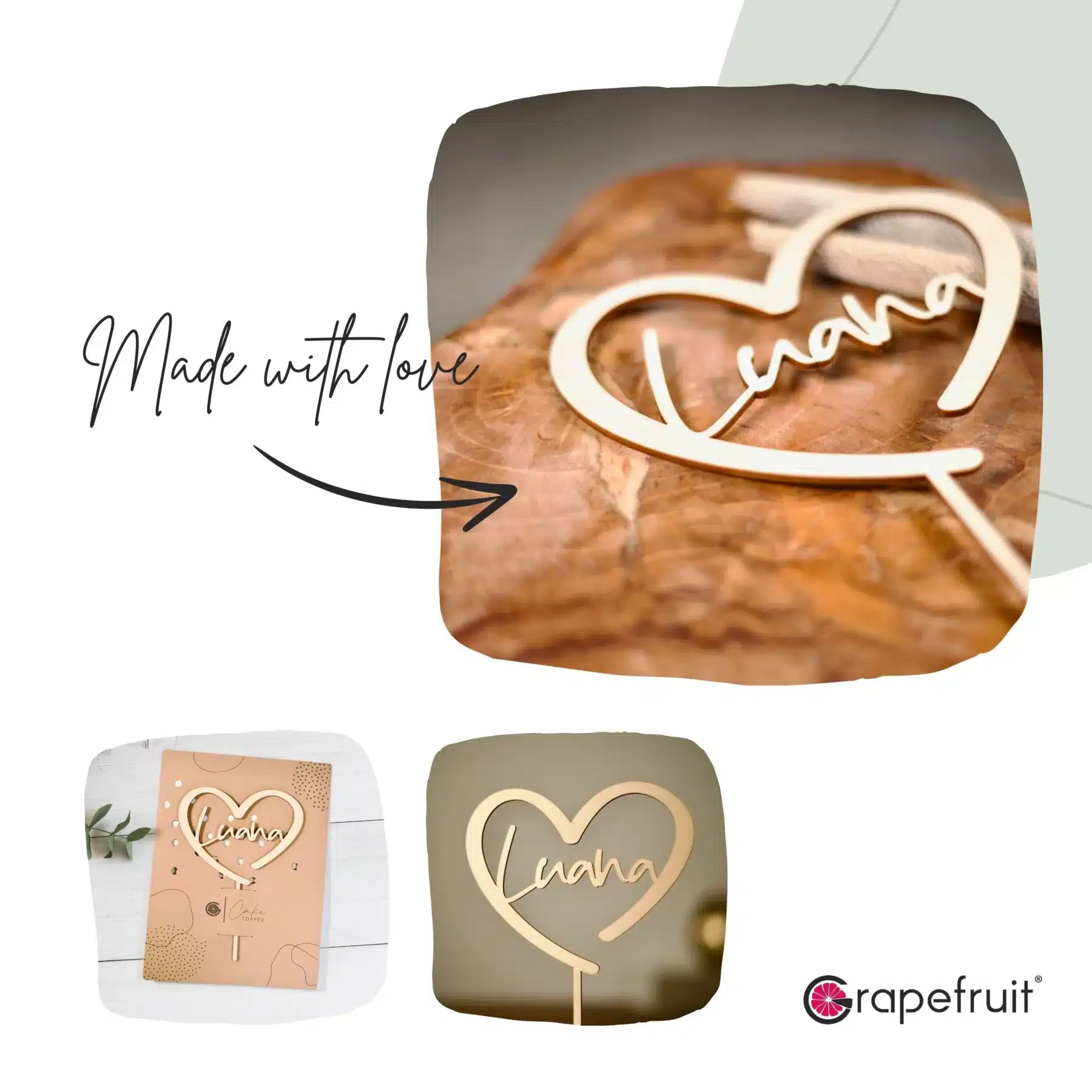 Für Kinder Grapefruit® personalisierter Cake Topper aus Holz mit individuellen Wunschnamen  Tortenaufsatz, Name, Geschenkidee, Vorname, Kuchendeko, Topper Kuchen, individuell (Geburtstag/Einschulung – Herz)