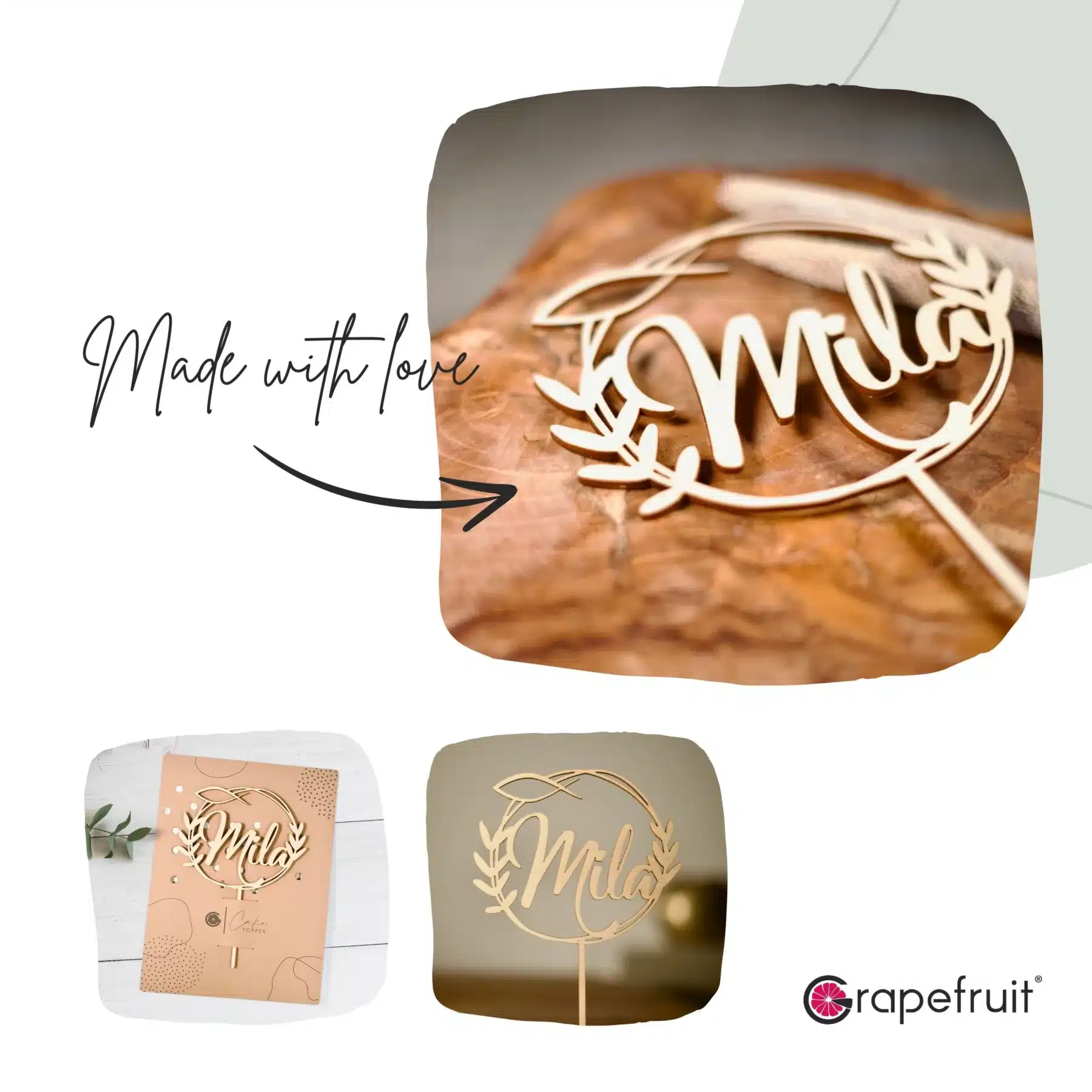 Cake Topper Grapefruit® personalisierter Cake Topper aus Holz mit individuellen Wunschnamen  Name, Geschenkidee, Vorname, Kuchendeko, Topper Kuchen, individuell (Taufe/Kommunion/Konfirmation – Eukalyptus/Fisch)