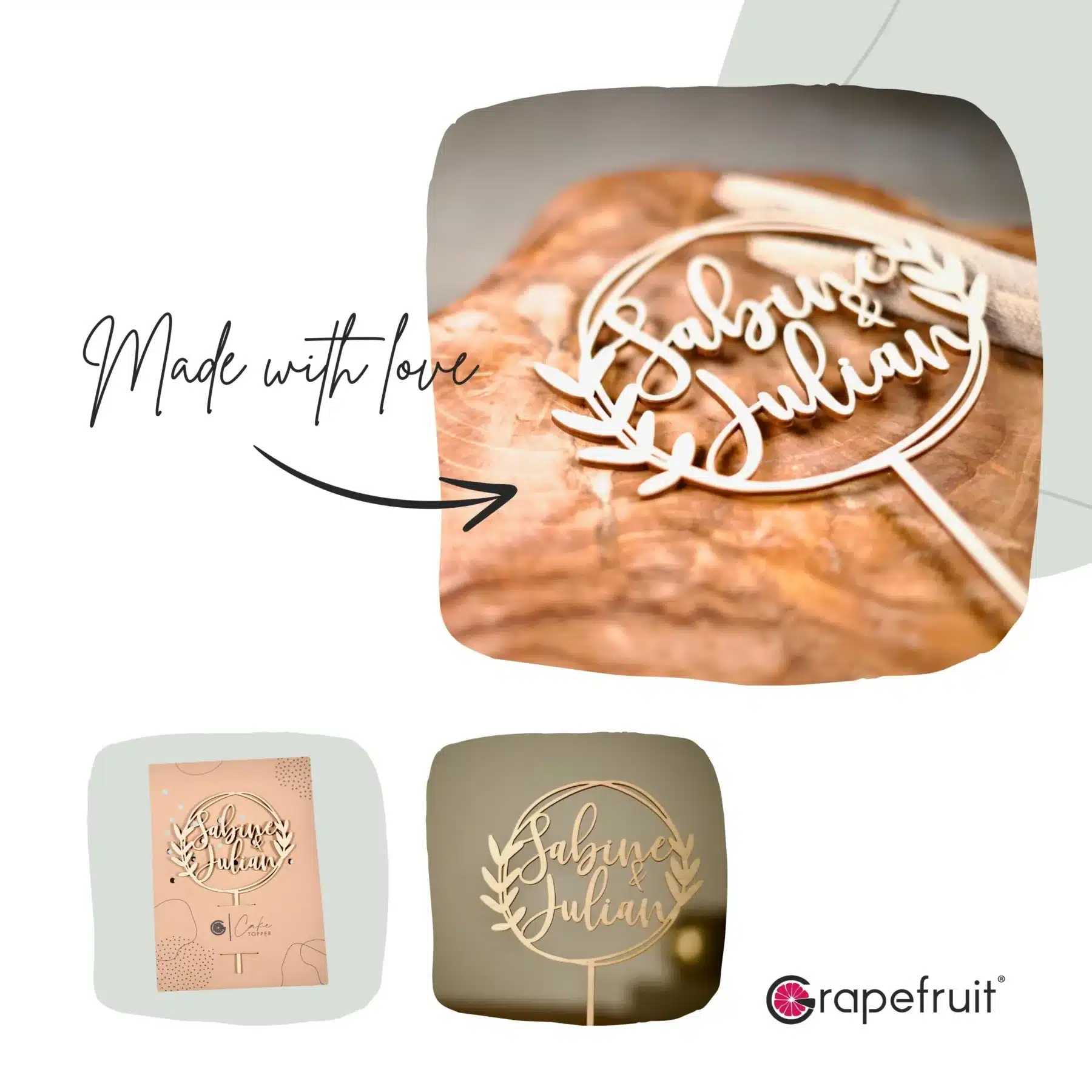 Hochzeit Grapefruit® personalisierter Cake Topper aus Holz mit individuellen Wunschnamen  Tortenaufsatz, Name, Geschenkidee, Vorname, Kuchendeko, Topper Kuchen, individuell (Hochzeit – Eukalyptus)