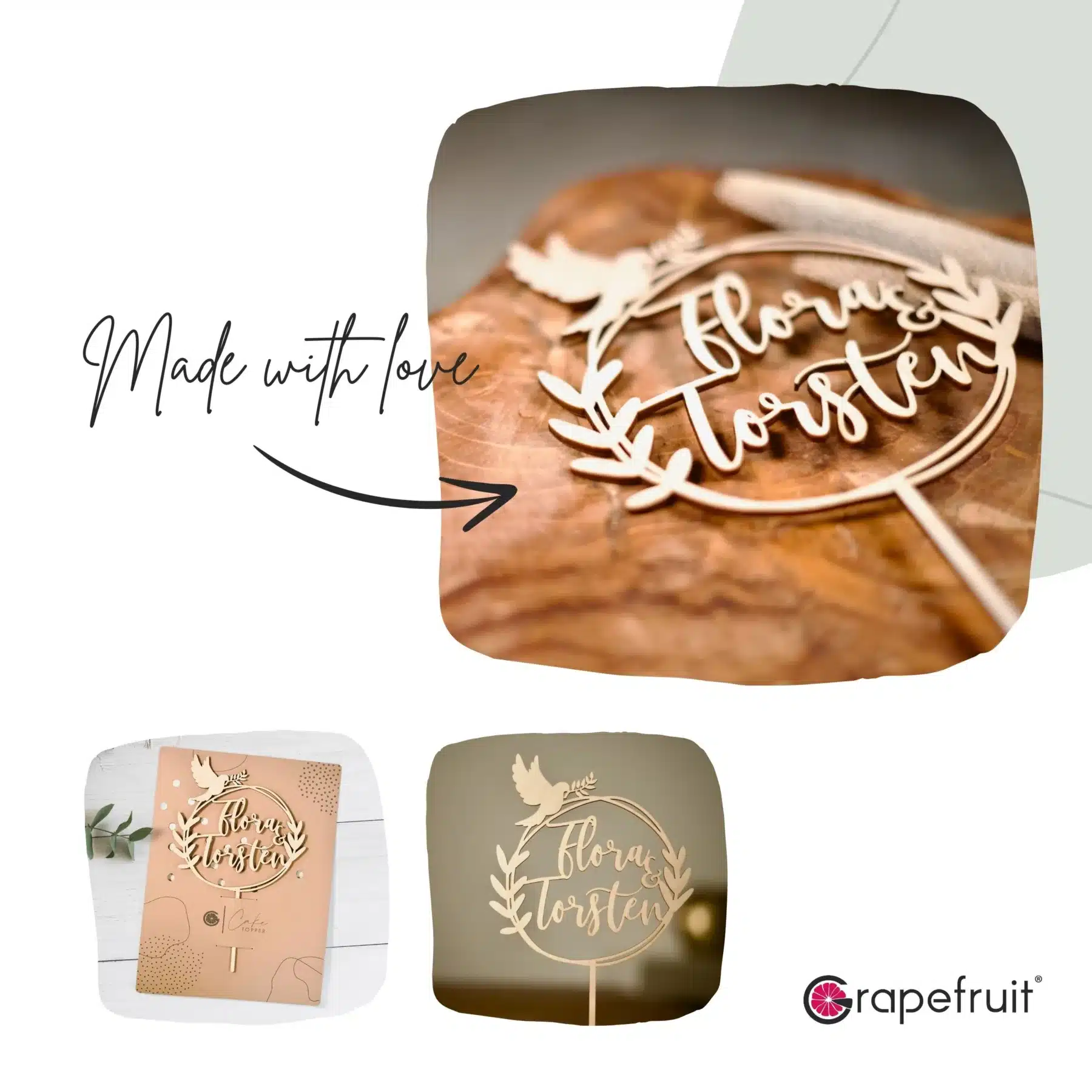 Hochzeit Grapefruit® personalisierter Cake Topper aus Holz mit individuellen Wunschnamen  Name, Geschenkidee, Vorname, Kuchendeko, Topper Kuchen, individuell (Hochzeit – Taube/Eukalyptus)