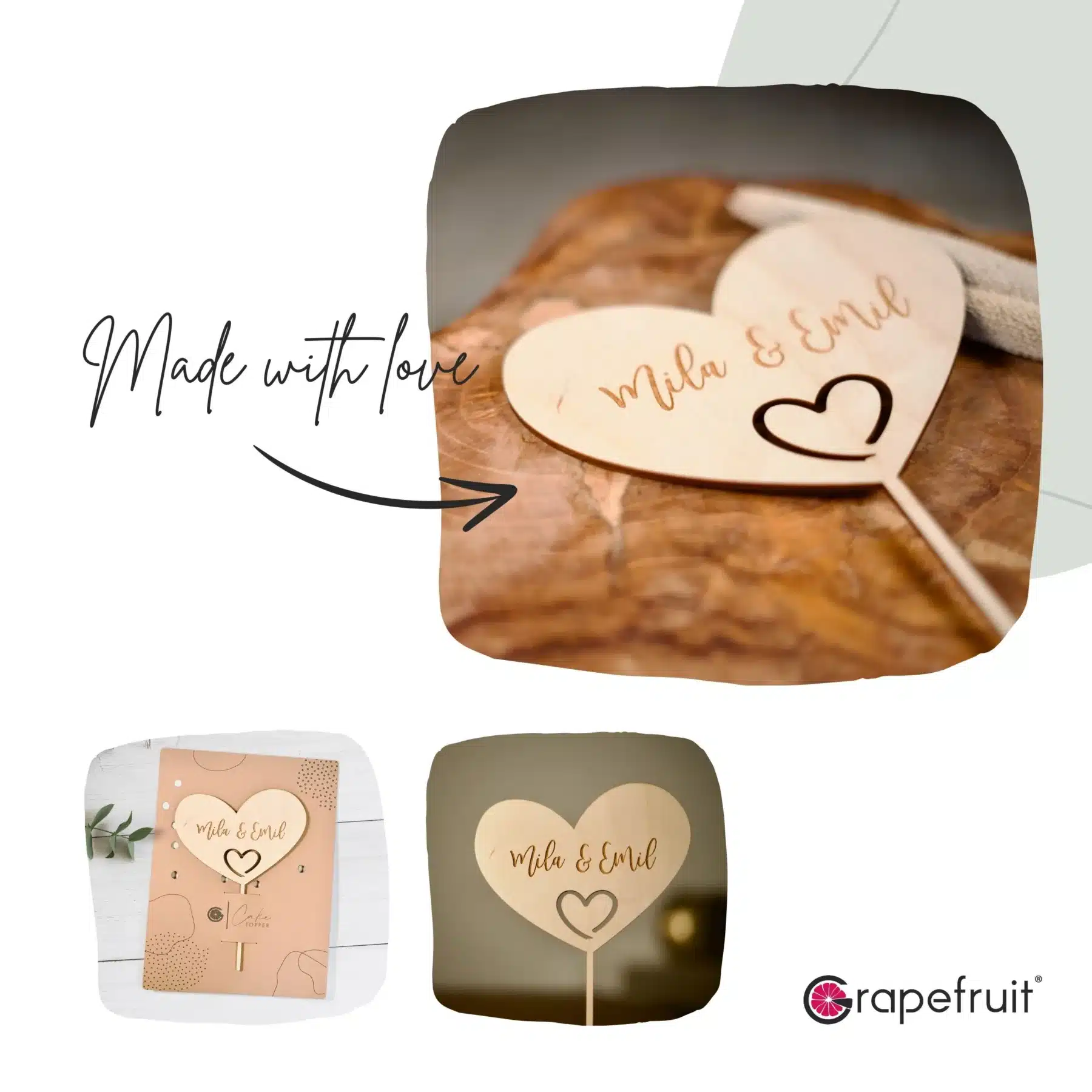 Hochzeit Grapefruit® personalisierter Cake Topper aus Holz mit individuellen Wunschnamen  Tortendekoration, Name, Geschenkidee, Vorname, Kuchendeko, Topper Kuchen, individuell (Hochzeit – Herz)