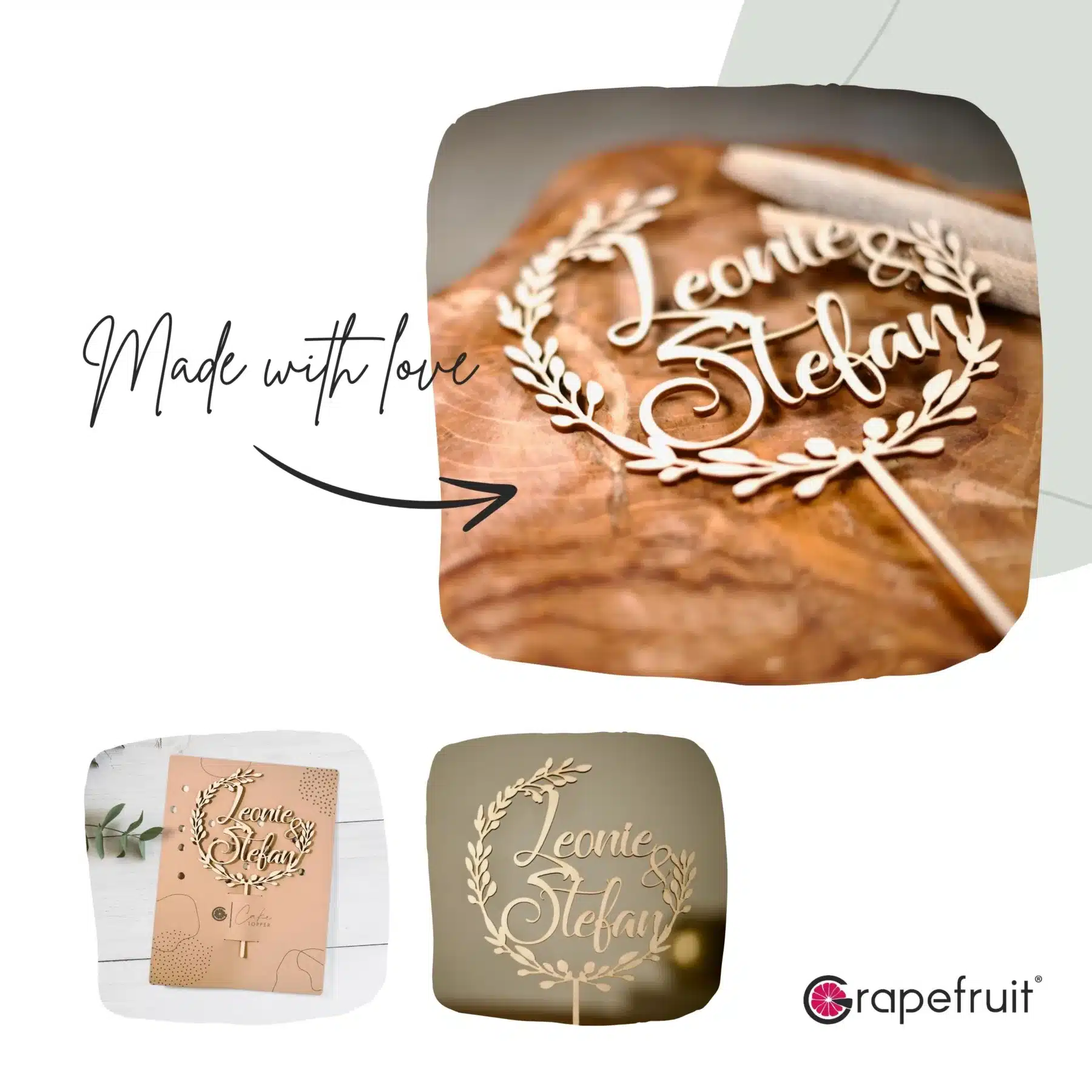Cake Topper Grapefruit® Cake Topper zur Hochzeit mit Namen aus Holz Personalisiert Zweige – Holz
