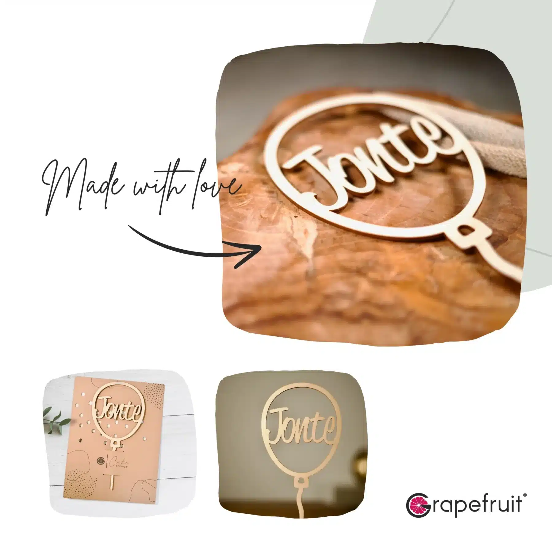 Cake Topper Grapefruit® personalisierter Cake Topper aus Holz mit individuellen Wunschnamen  Tortendekoration, Name, Vorname, Kuchendeko, Topper Kuchen, individuell (Geburtstag/Einschulung – Ballon)