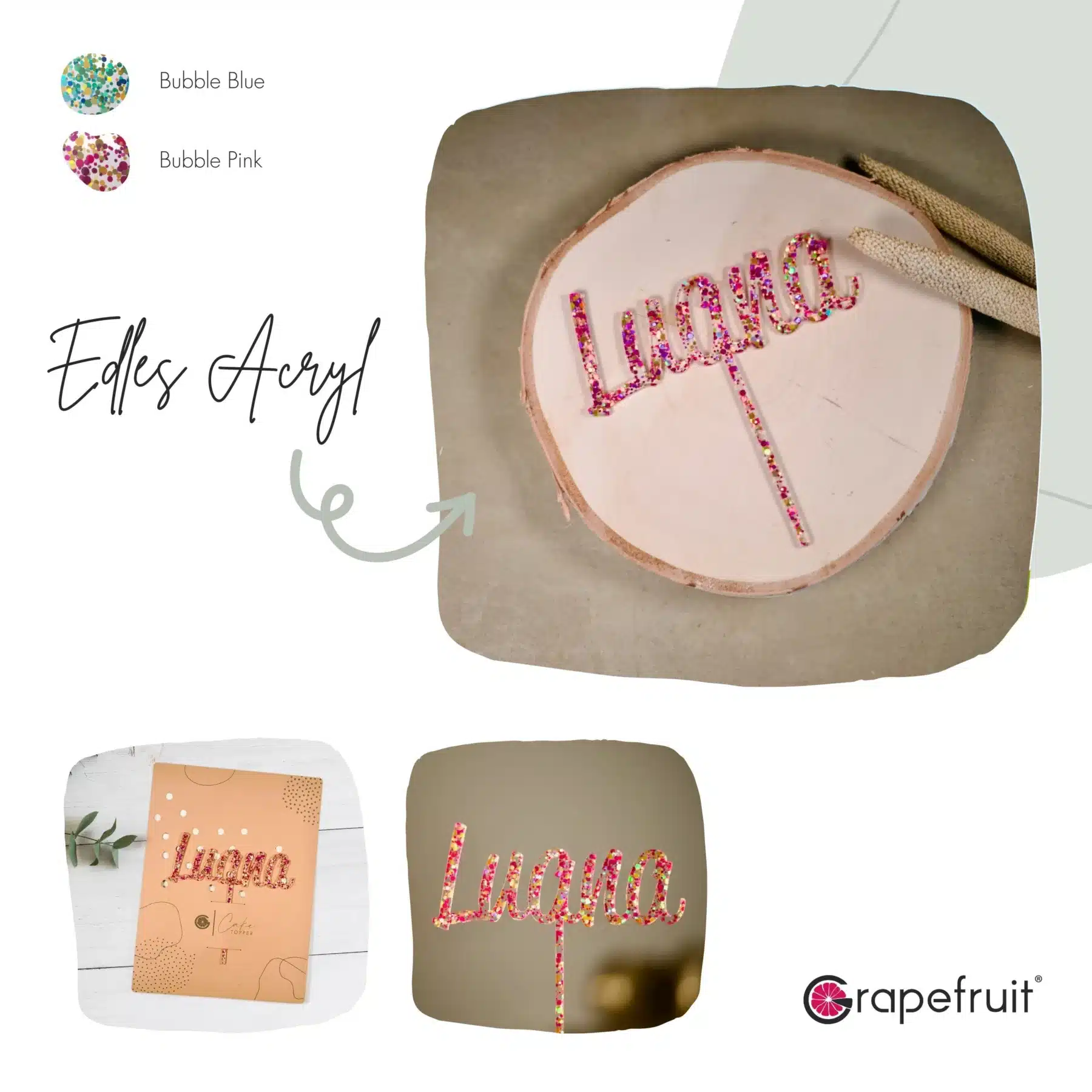 Cake Topper Grapefruit® Cake Topper mit Name zum Geburtstag aus Acryl Bubble Pink Personalisiert – Wood
