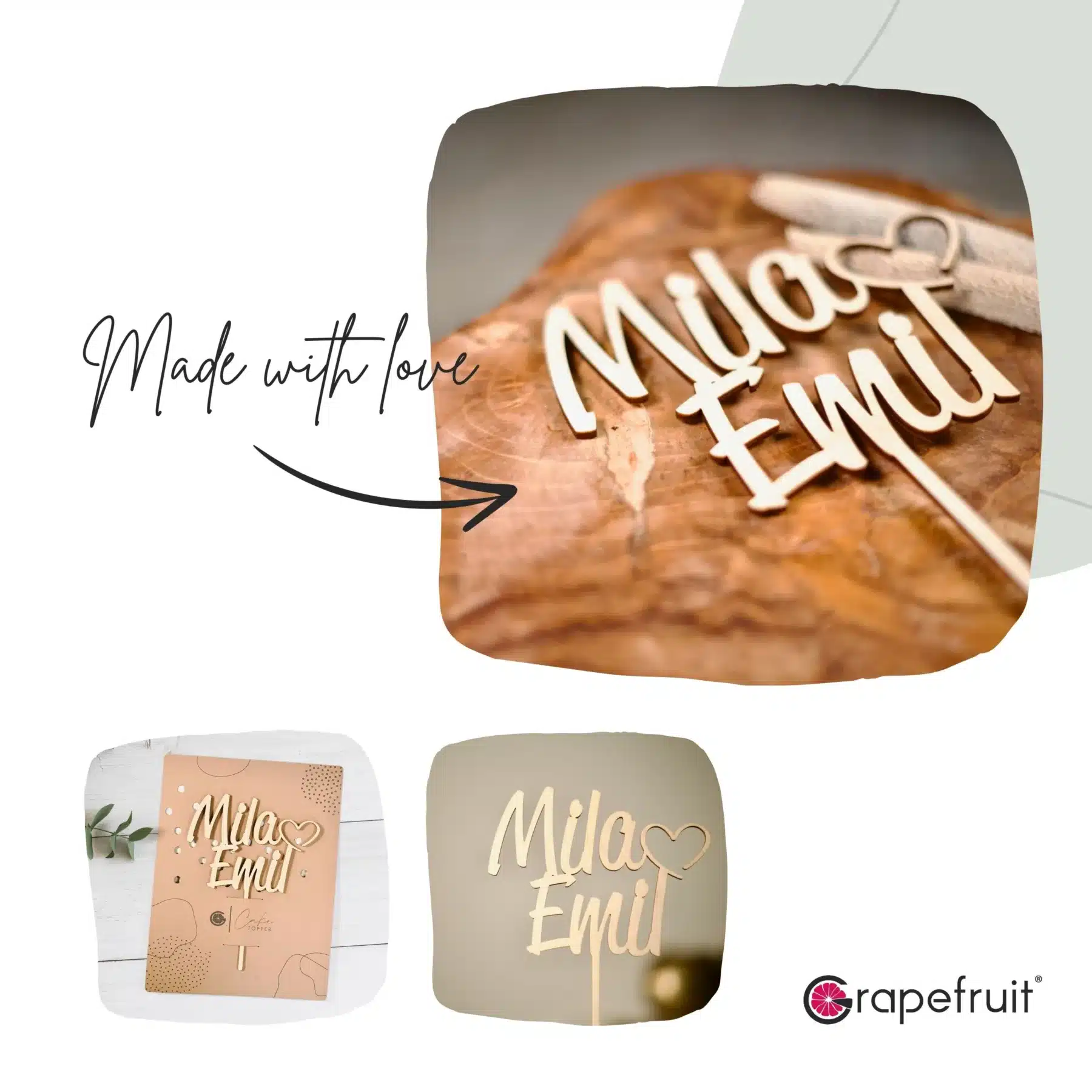 Hochzeit Grapefruit® personalisierter Cake Topper aus Holz mit individuellen Wunschnamen  Tortenaufsatz, Name, Geschenkidee, Vorname, Kuchendeko, Topper Kuchen, individuell (Hochzeit – Herz/Handwritten)