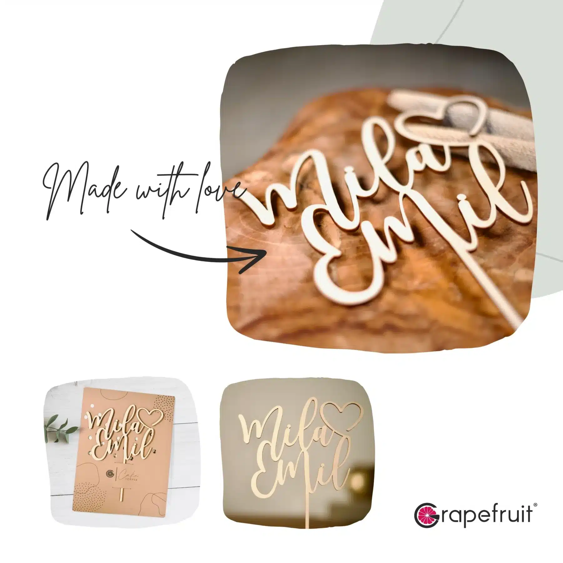 Dekoration Grapefruit® personalisierter Cake Topper aus Holz mit individuellen Wunschnamen  Name, Geschenkidee, Vorname, Kuchendeko, Topper Kuchen, individuell (Hochzeit – Herz/Script)
