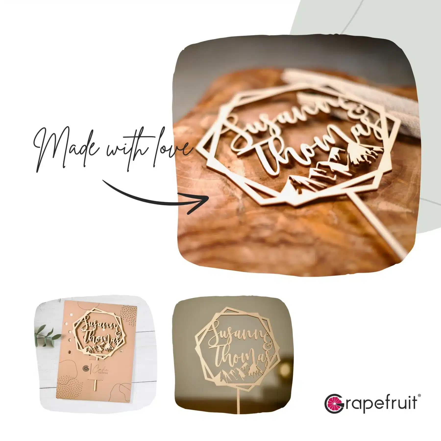 Grapefruit® personalisierter Cake Topper aus Holz mit individuellen Wunschnamen Tortendekoration, Name, Geschenkidee, Vorname, Kuchendeko, Topper Kuchen, individuell (Hochzeit – Bergliebe) Dekoration Grapefruit® personalisierter Cake Topper aus Holz mit individuellen Wunschnamen Tortendekoration, Name, Geschenkidee, Vorname, Kuchendeko, Topper Kuchen, individuell (Hochzeit – Bergliebe)