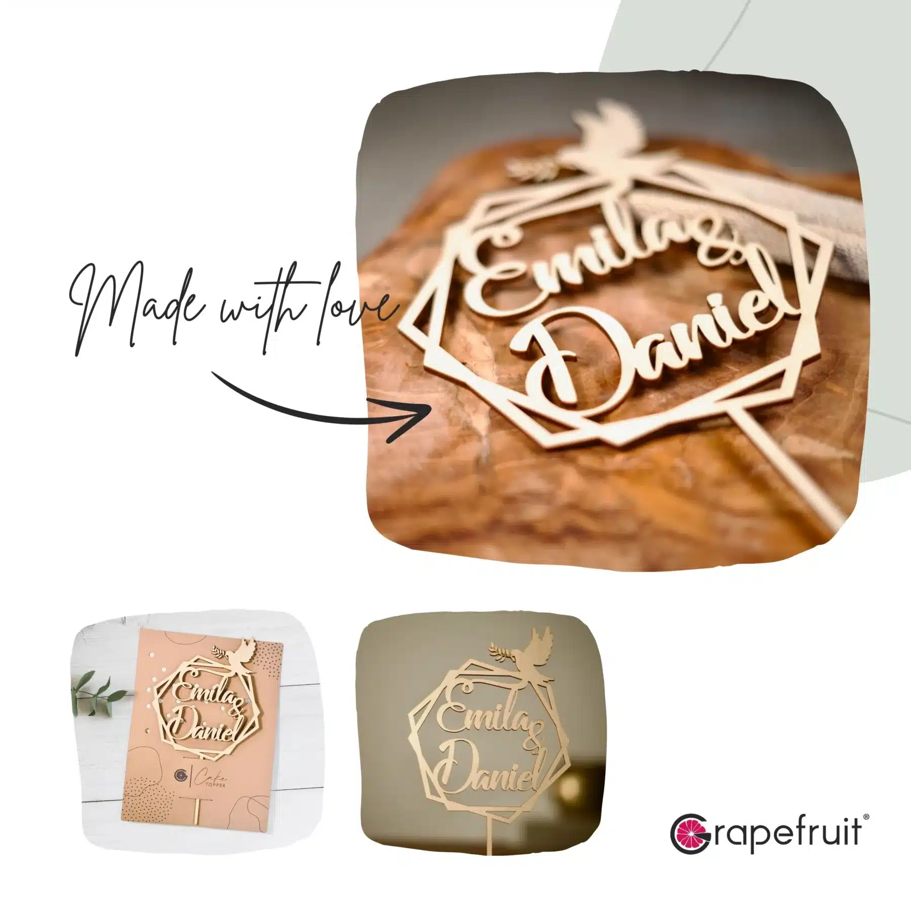 Hochzeit Grapefruit® personalisierter Cake Topper aus Holz mit individuellen Wunschnamen  Tortenaufsatz, Name, Geschenkidee, Vorname, Kuchendeko, Topper Kuchen, individuell (Hochzeit – Taube/Hexagon)