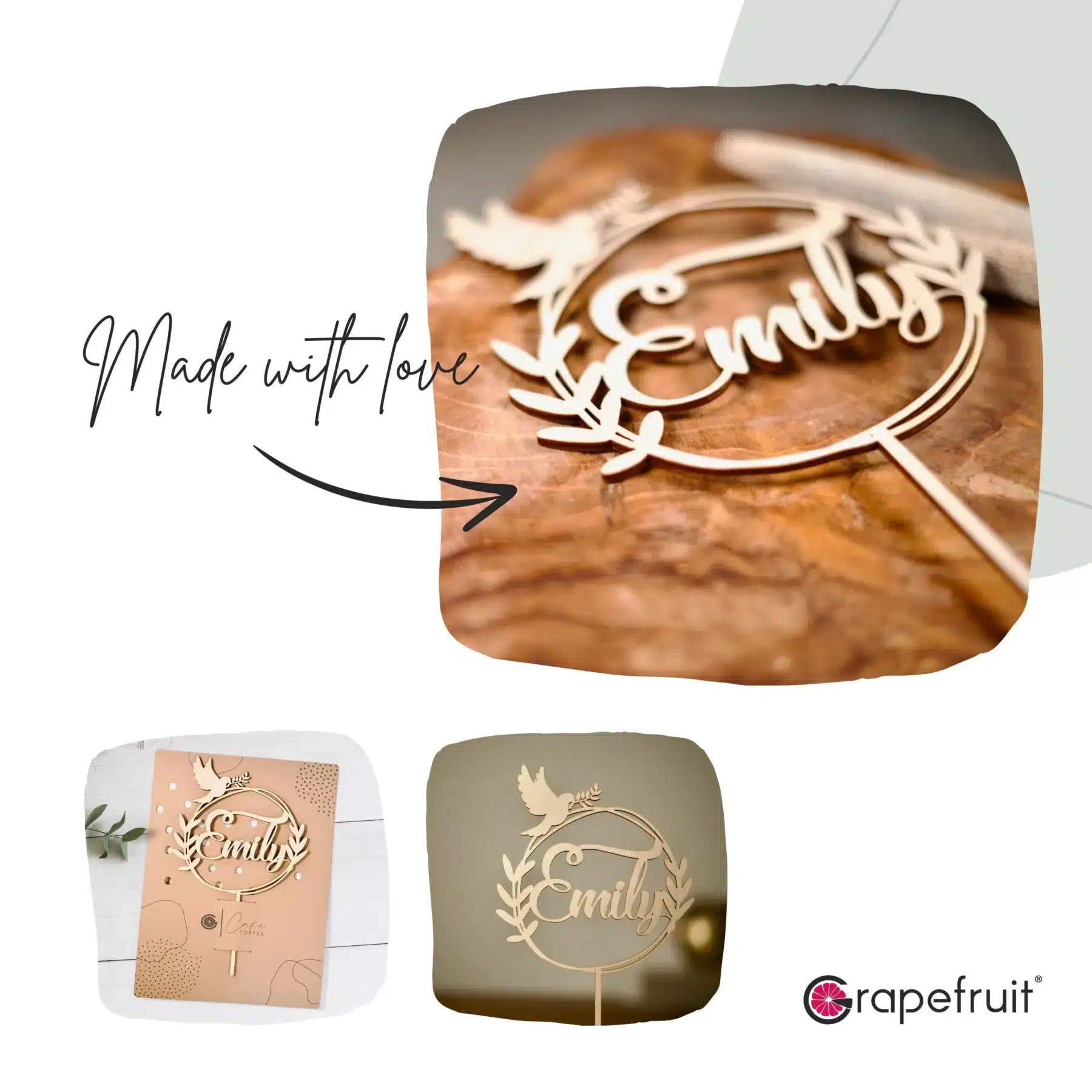 Kommunion Grapefruit® Cake Topper zur Taufe Kommunion Konfirmation mit Name aus Holz Personalisiert mit Taube