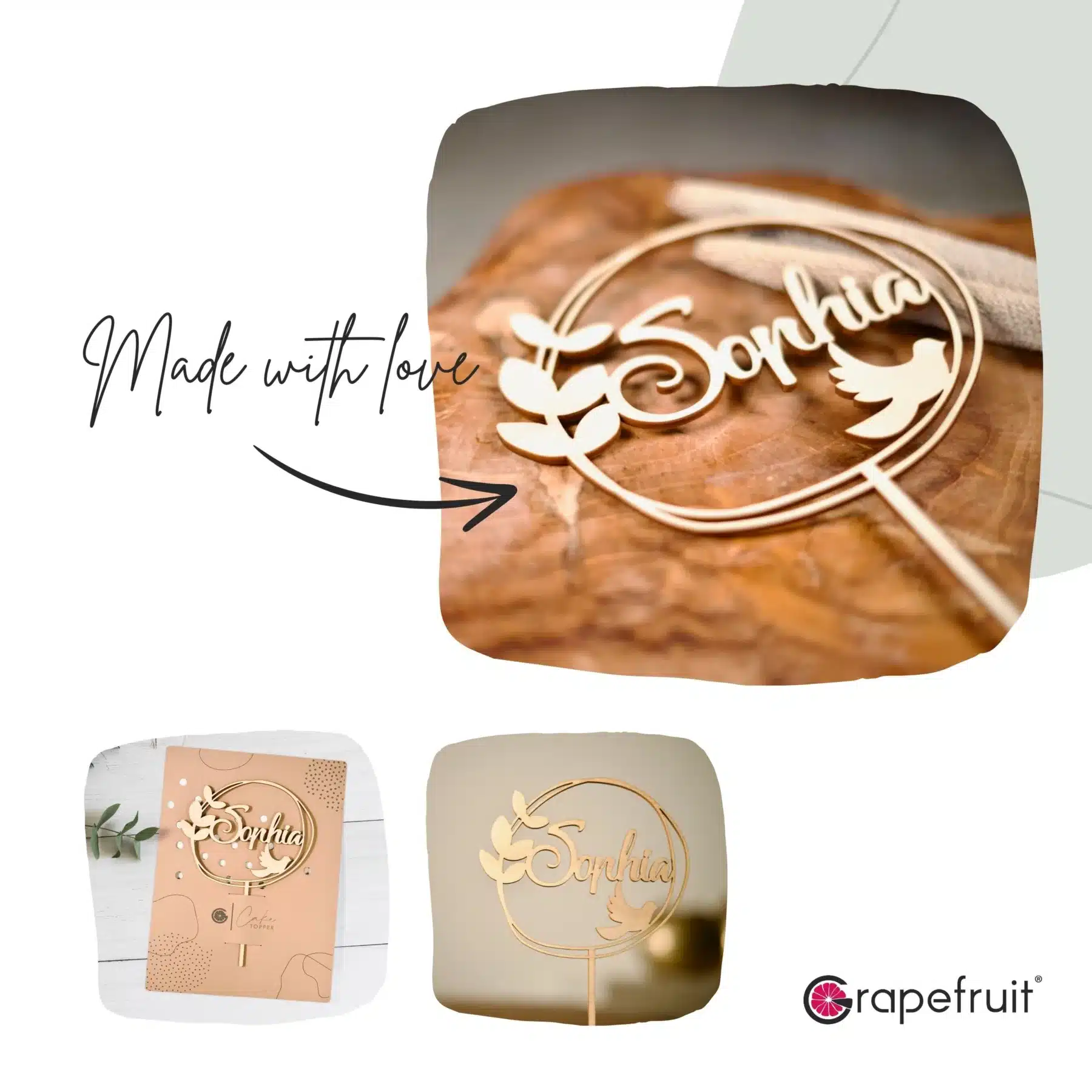 Geburt Grapefruit® Cake Topper zur Taufe Kommunion Konfirmation mit Name aus Holz Personalisiert mit Taube