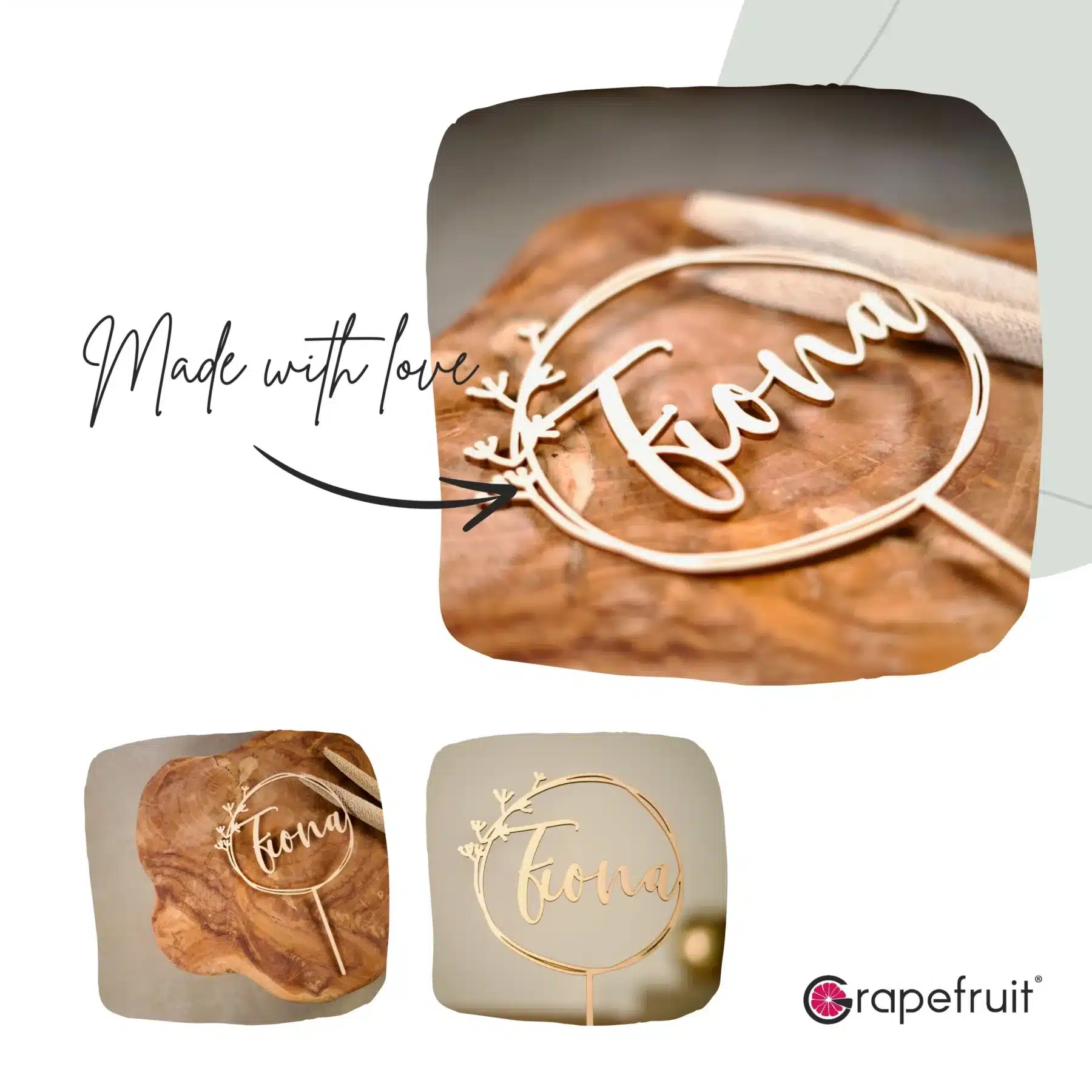 Für Kinder Grapefruit® personalisierter Cake Topper aus Holz mit individuellen Wunschnamen  Name, Geschenkidee, Vorname, Kuchendeko, Topper Kuchen (Geburtstag/Taufe/Kommunion/Konfirmation/Einschulung – Zweig)